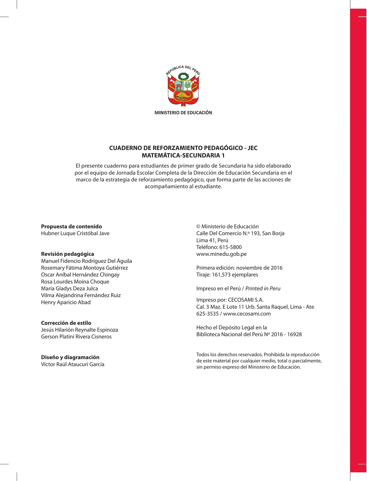 Miniatura página 2 de Matemática 1 : cuaderno de reforzamiento pedagógico - JEC · 2016