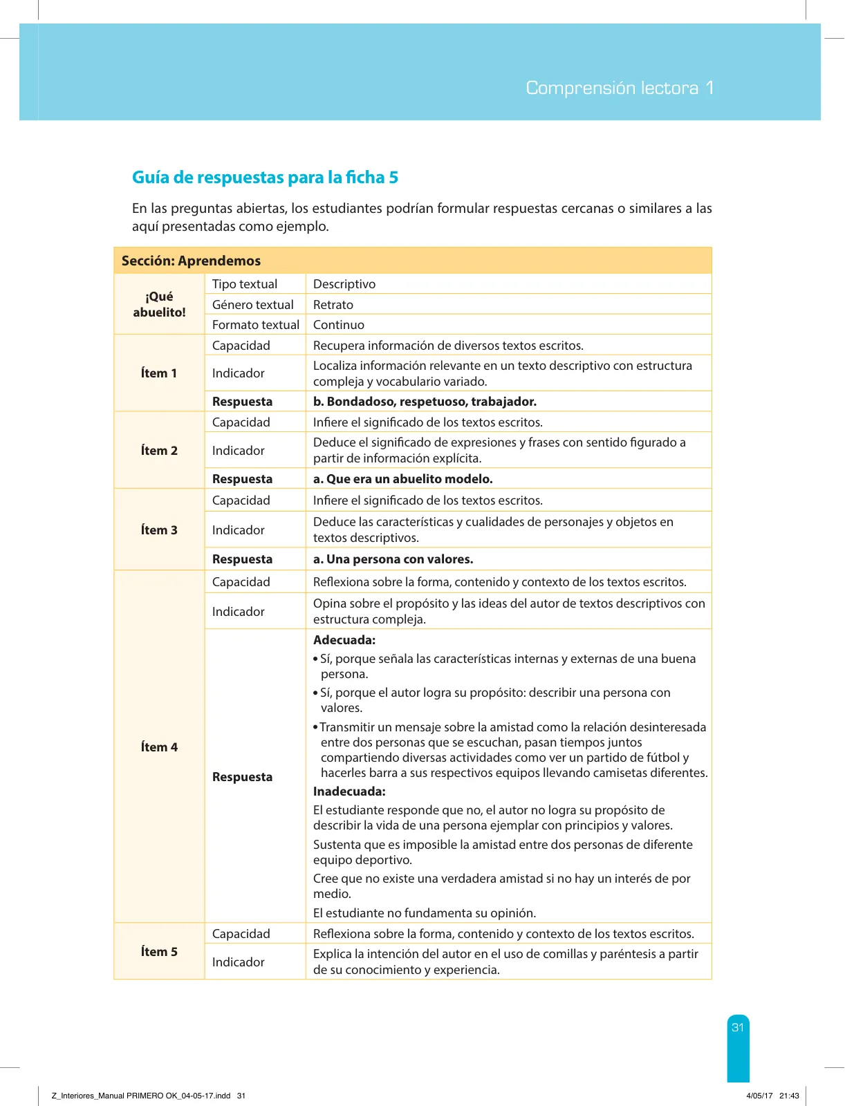 Página 33 de Comprensión lectora 1 : manual para el docente de primer grado de Secundaria · 2017