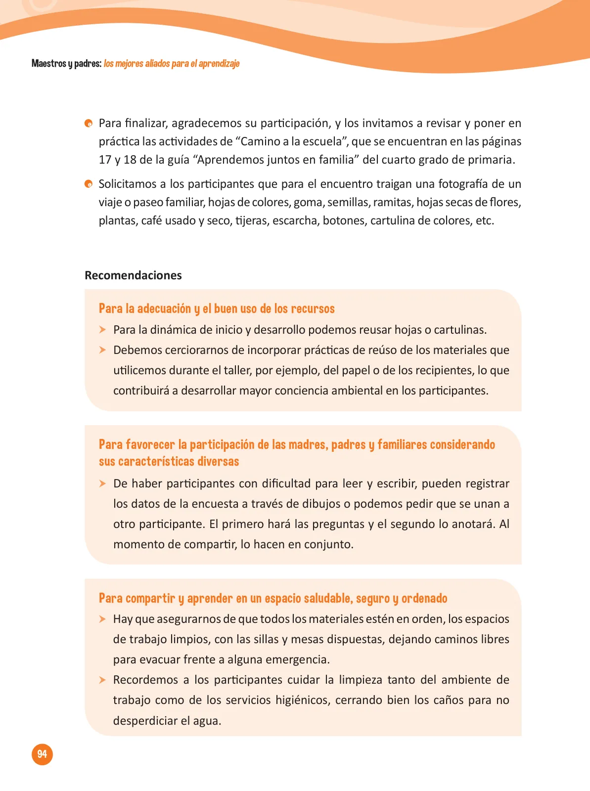 Página 96 de Guía para el trabajo docente con las familias del ciclo IV de Primaria · 2016