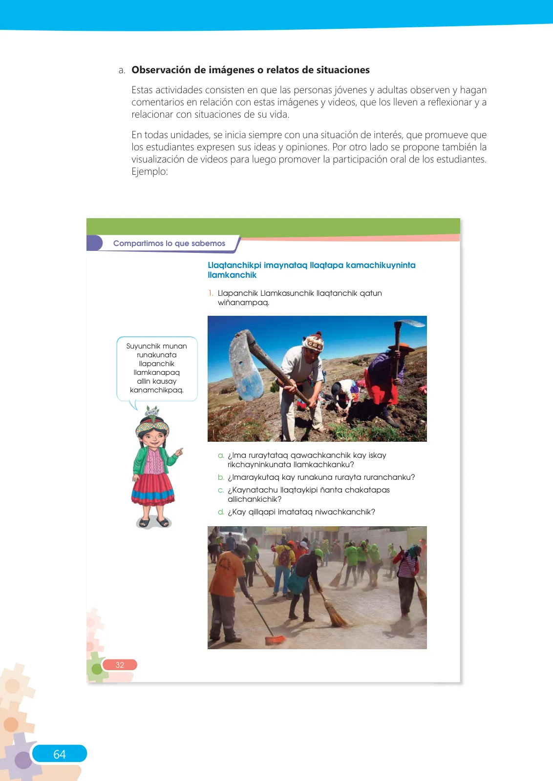 Página 64 de Guía para el docente sobre el uso del material educativo, Quechua Chanka. Ciclos Inicial e Intermedio, área de Comunicación · 2020