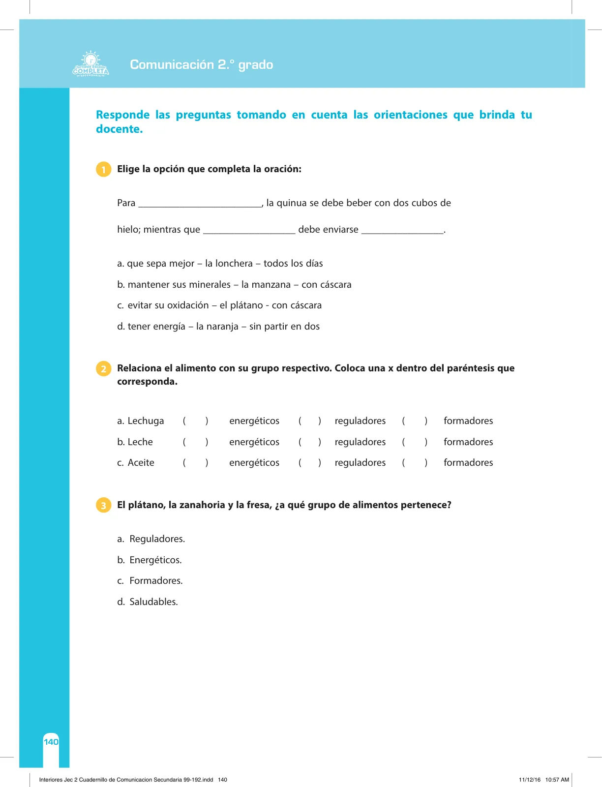 Página 140 de Comunicación Secundaria 2. Cuaderno de reforzamiento pedagógico - JEC · 2016