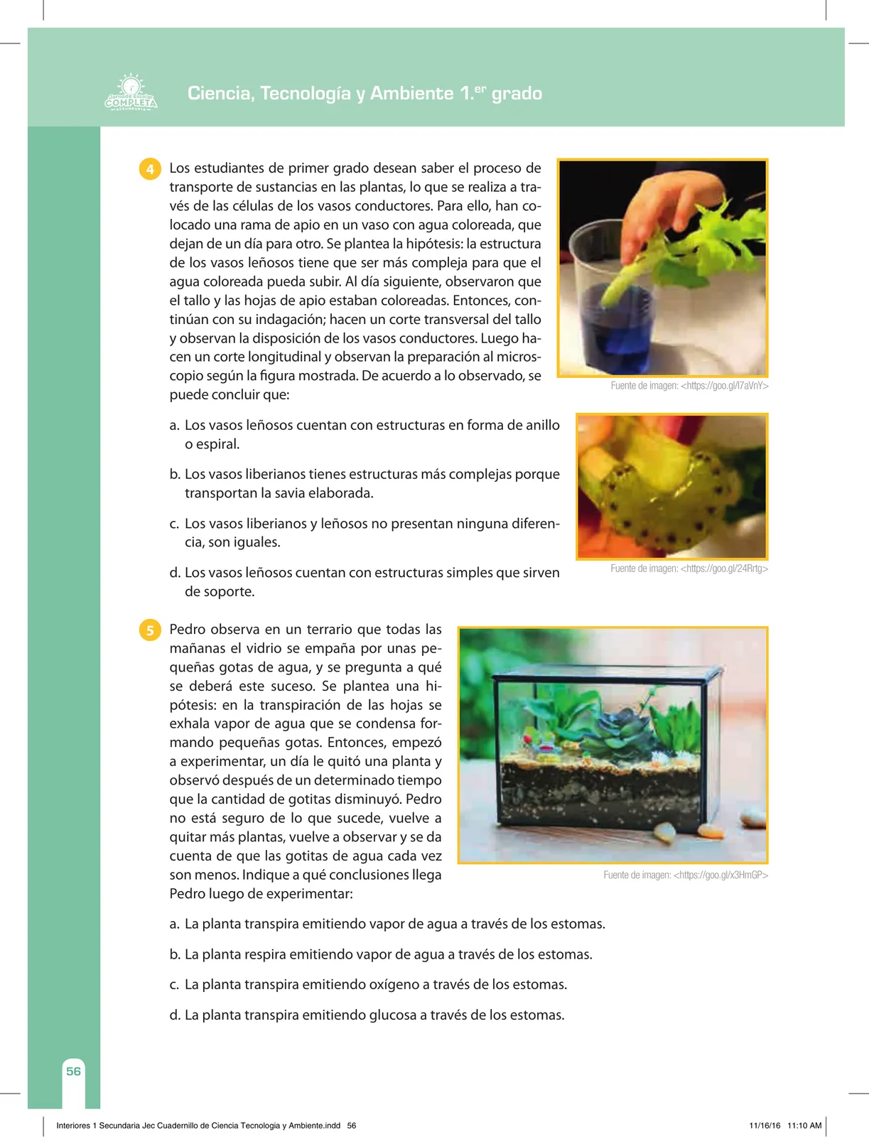 Página 56 de Ciencia, Tecnología y Ambiente 1. Cuaderno de reforzamiento pedagógico - JEC · 2016