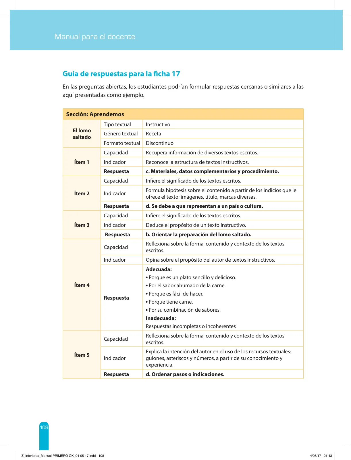 Miniatura página 110 de Comprensión lectora 1 : manual para el docente de primer grado de Secundaria · 2017