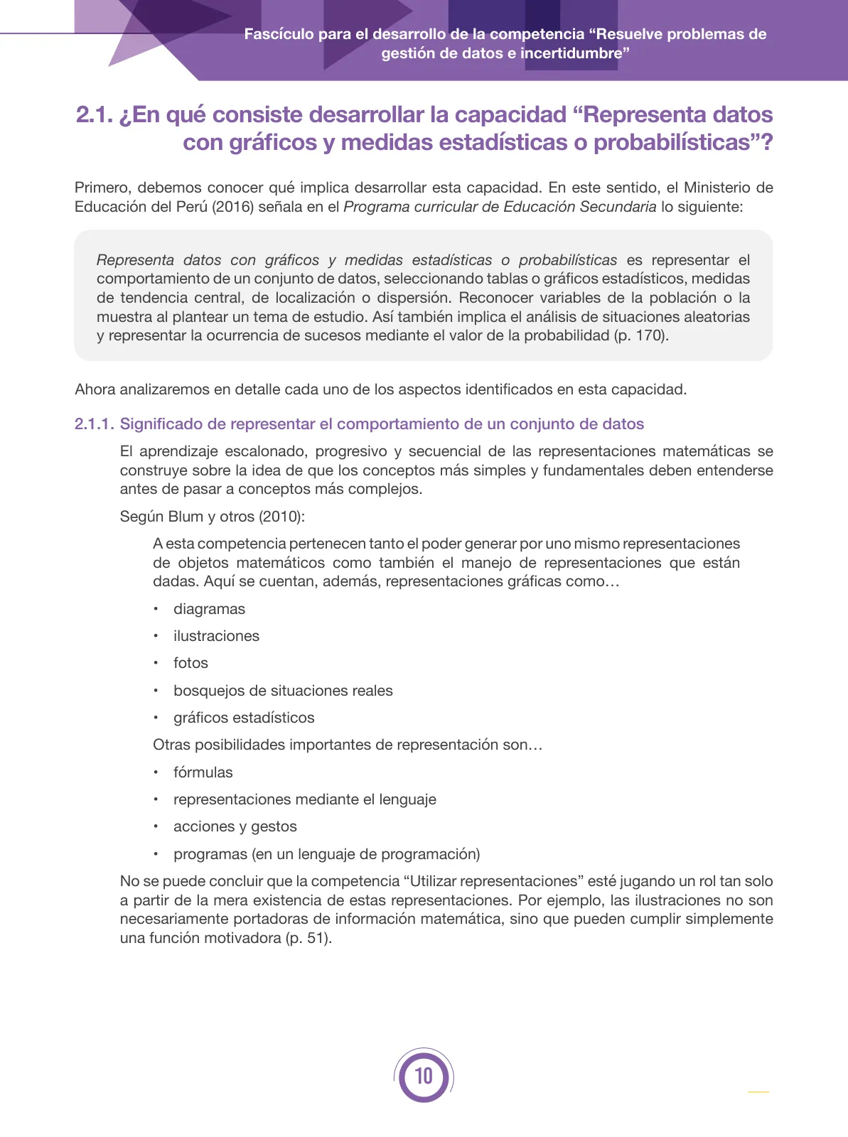Página 10 de Fascículo para el desarrollo de la competencia “Resuelve problemas de gestión de datos e incertidumbre” · 2024