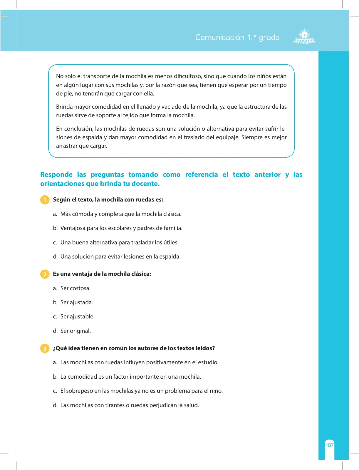 Página 187 de Comunicación Secundaria 1. Cuaderno de reforzamiento pedagógico - JEC · 2016