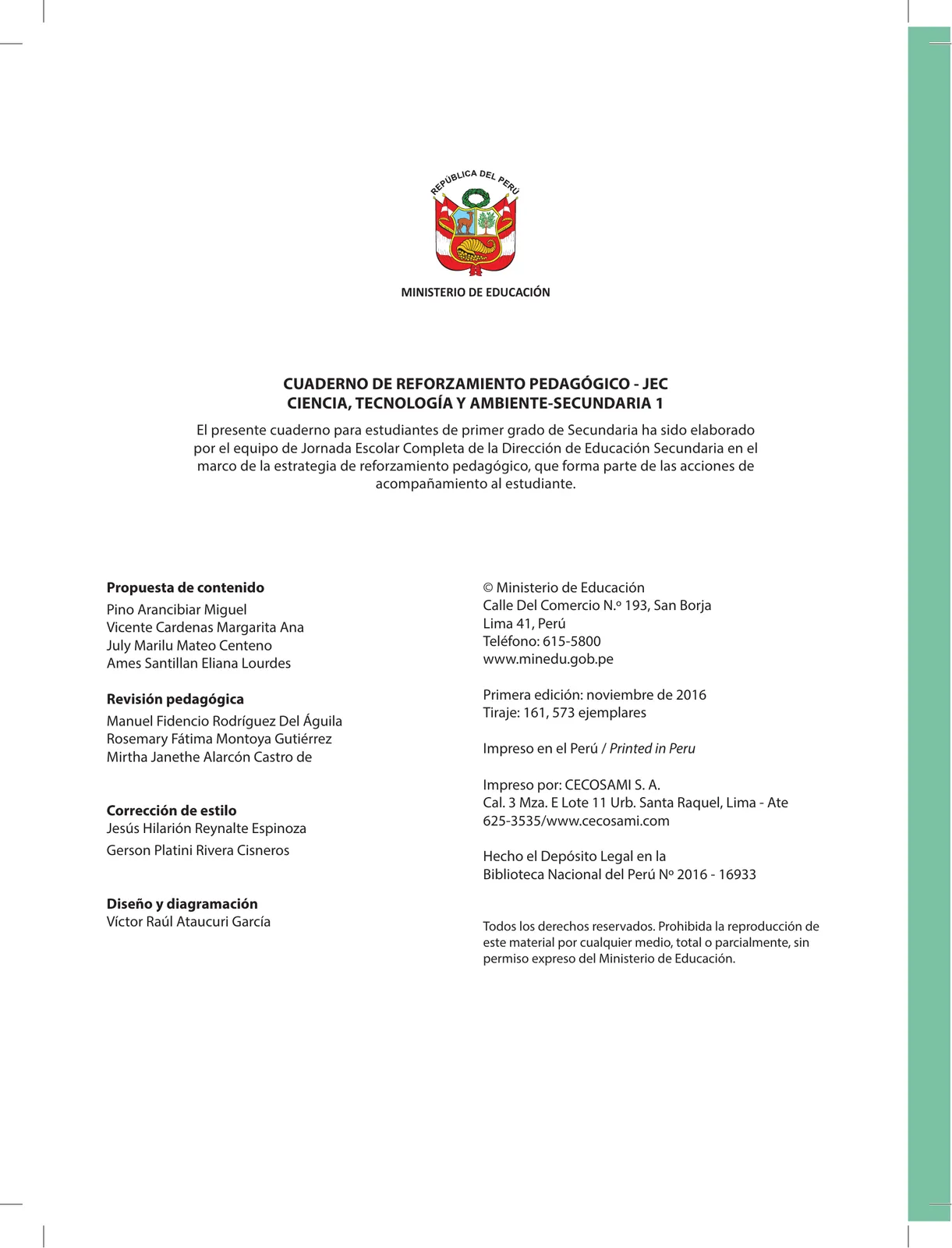 Página 2 de Ciencia, Tecnología y Ambiente 1. Cuaderno de reforzamiento pedagógico - JEC · 2016