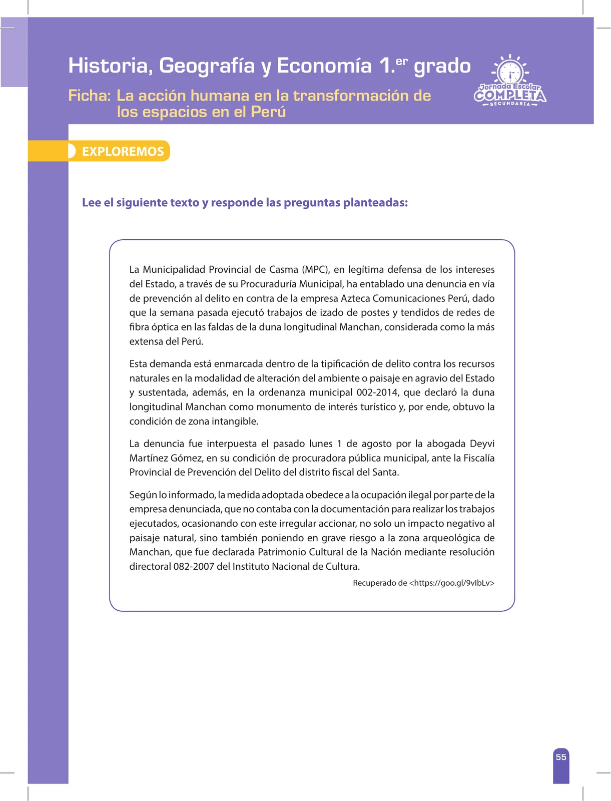 Página 55 de Historia, Geografía y Economía 1 : cuaderno de reforzamiento pedagógico - JEC · 2016