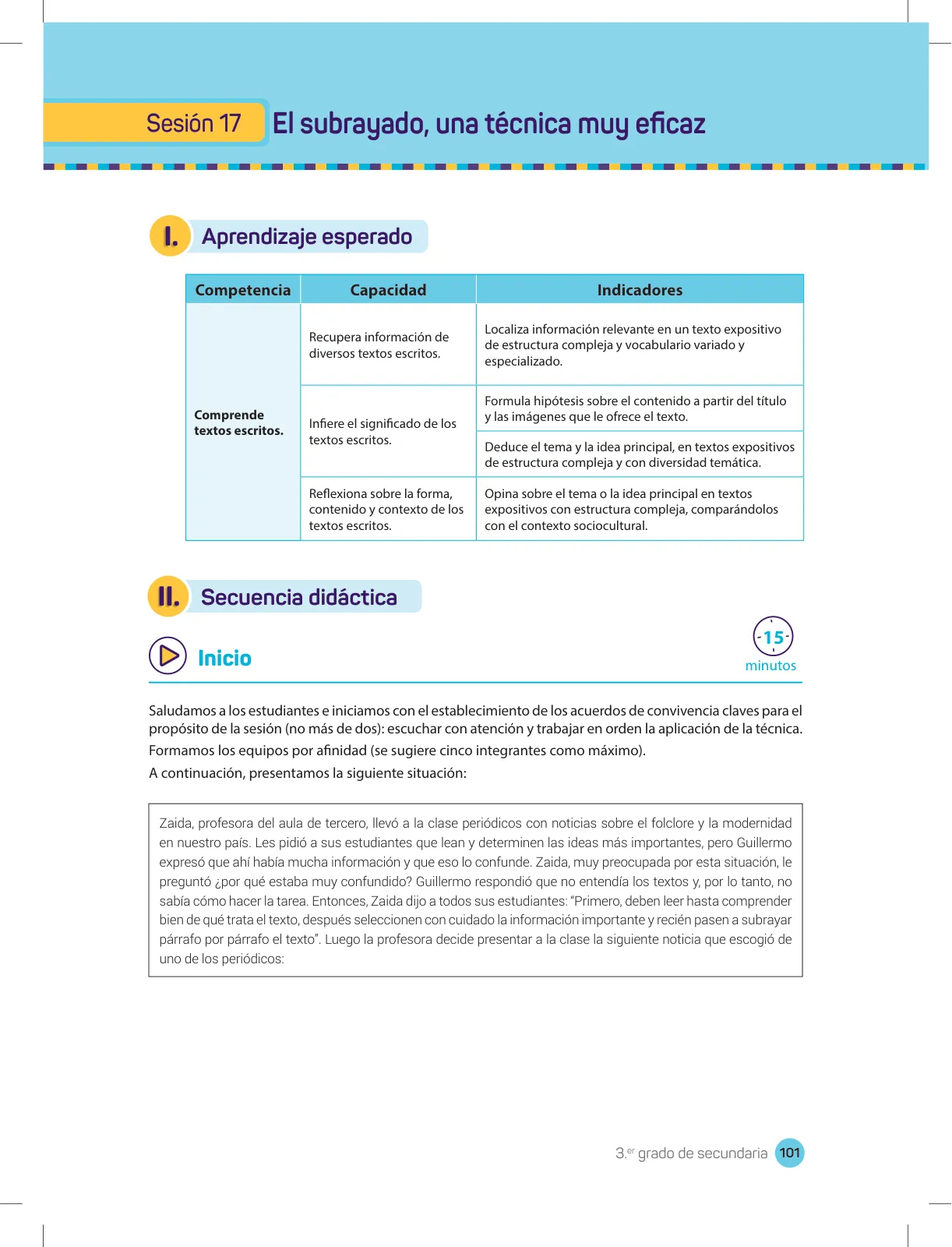 Miniatura página 103 de Comprensión lectora 3 : manual para el docente de tercer grado de Secundaria · 2017