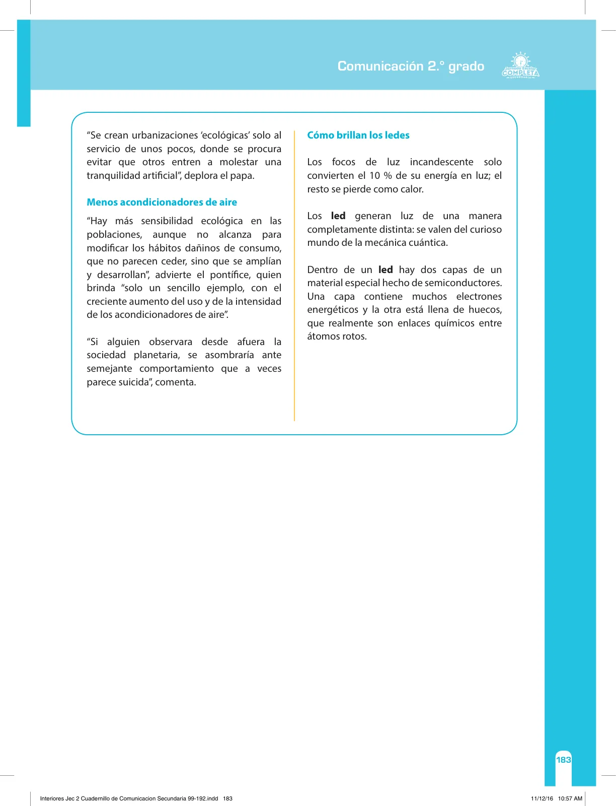 Página 183 de Comunicación Secundaria 2. Cuaderno de reforzamiento pedagógico - JEC · 2016