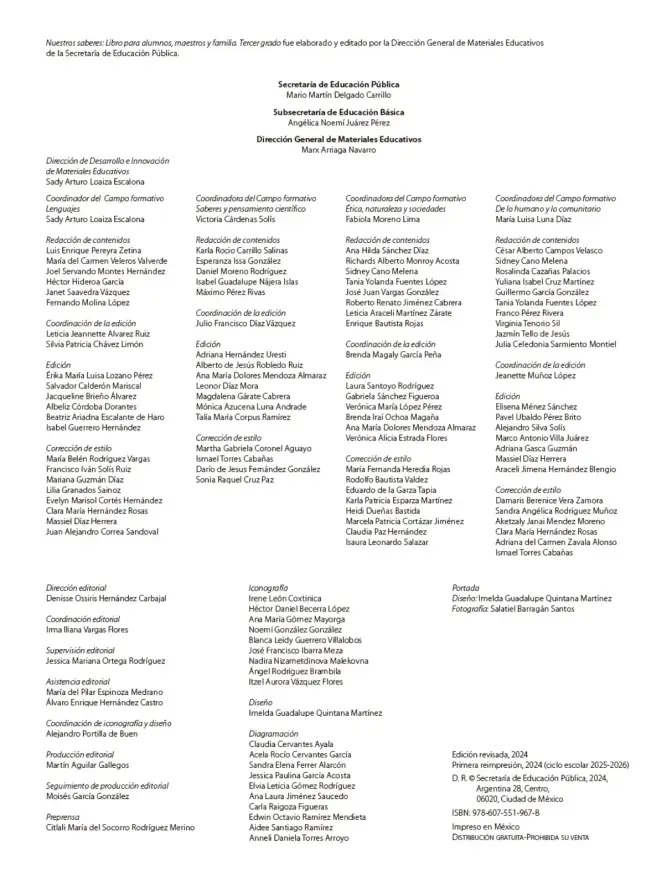 Página 3 de Nuestros saberes: Libro para alumnos, maestros y familia. Libro de Educación Primaria Grado 3° Ciclo Escolar 2025 - 2026