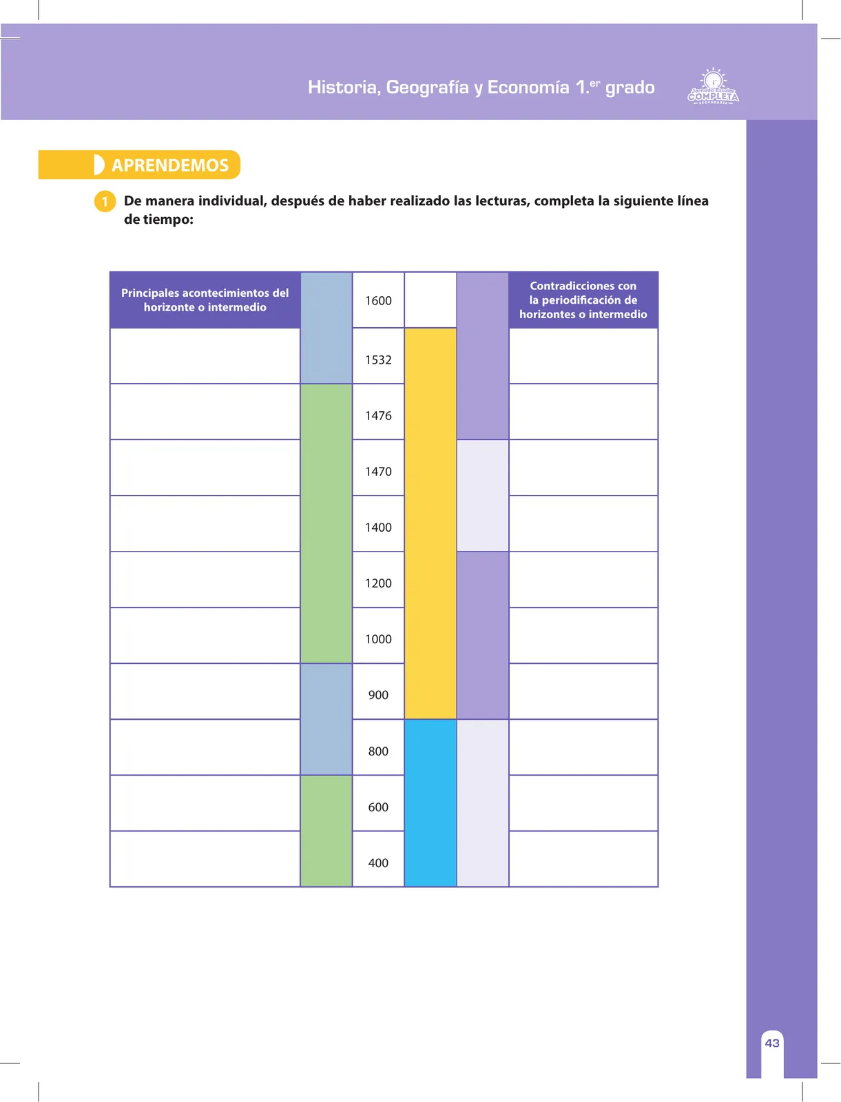 Miniatura página 43 de Historia, Geografía y Economía 1 : cuaderno de reforzamiento pedagógico - JEC · 2016