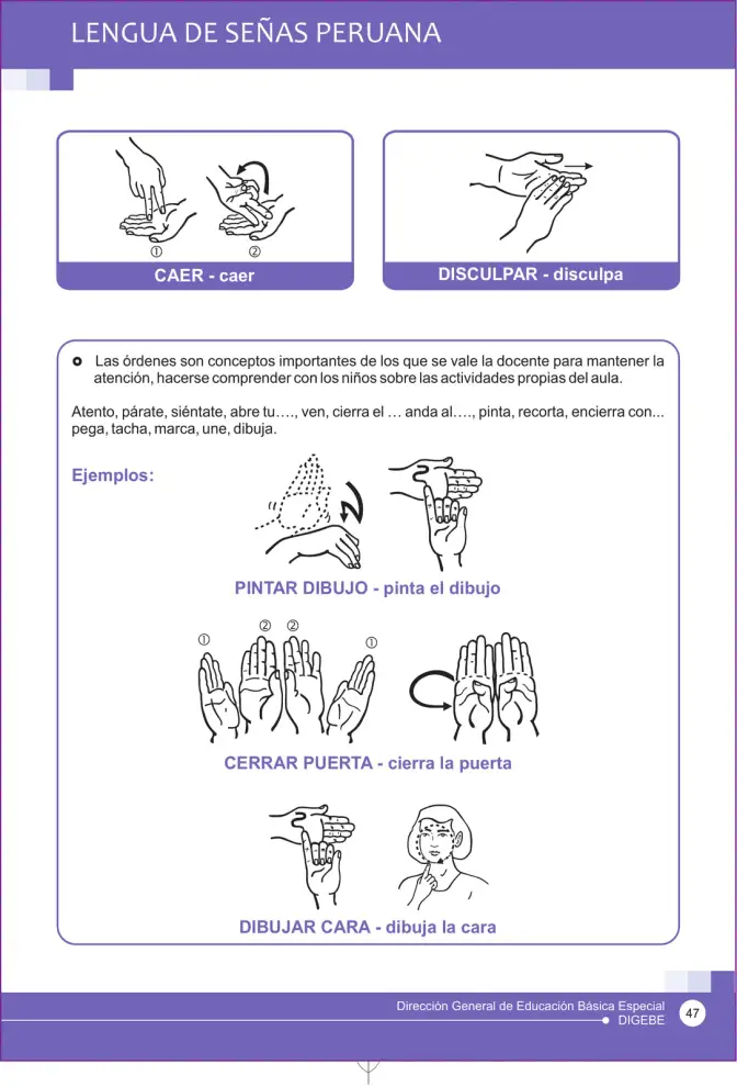 Página 47 de Lengua de señas peruana : guía para el aprendizaje de la lengua de señas peruana, vocabulario básico · 2015