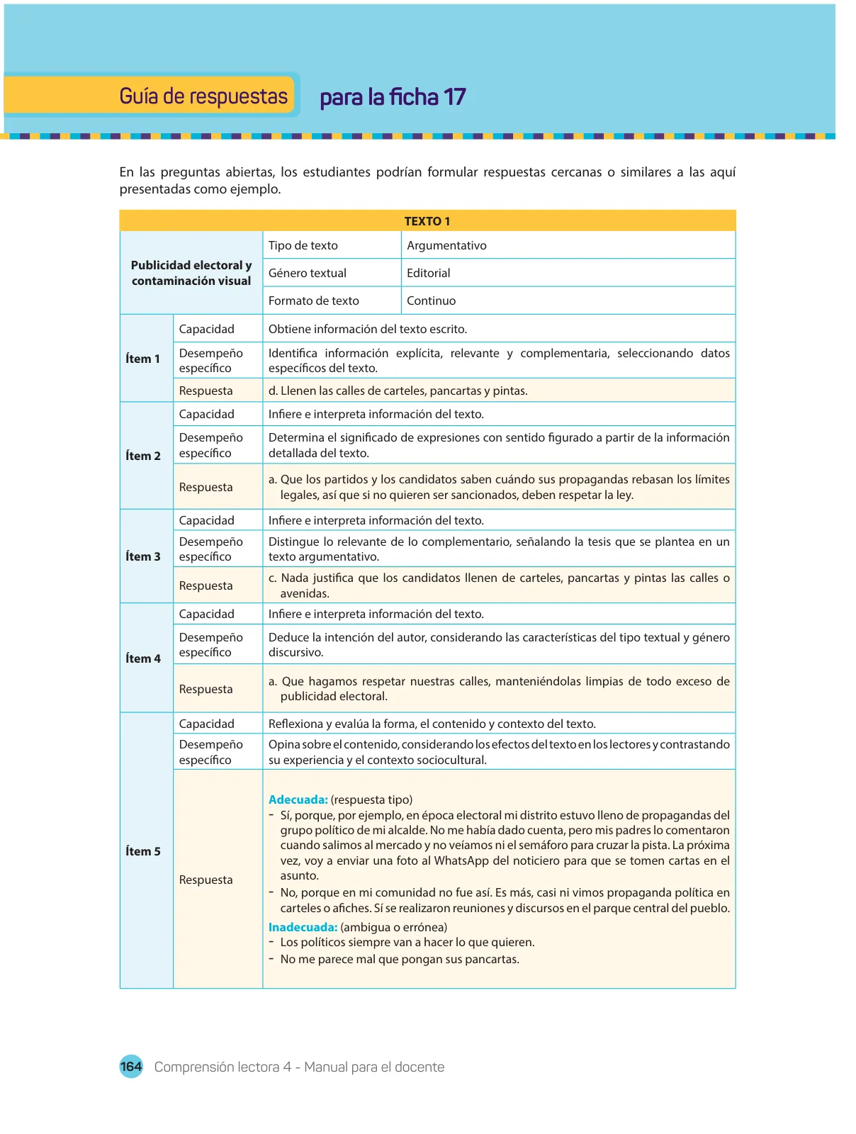 Página 166 de Comprensión lectora : manual para el docente de cuarto grado de Secundaria 2018 · 2018