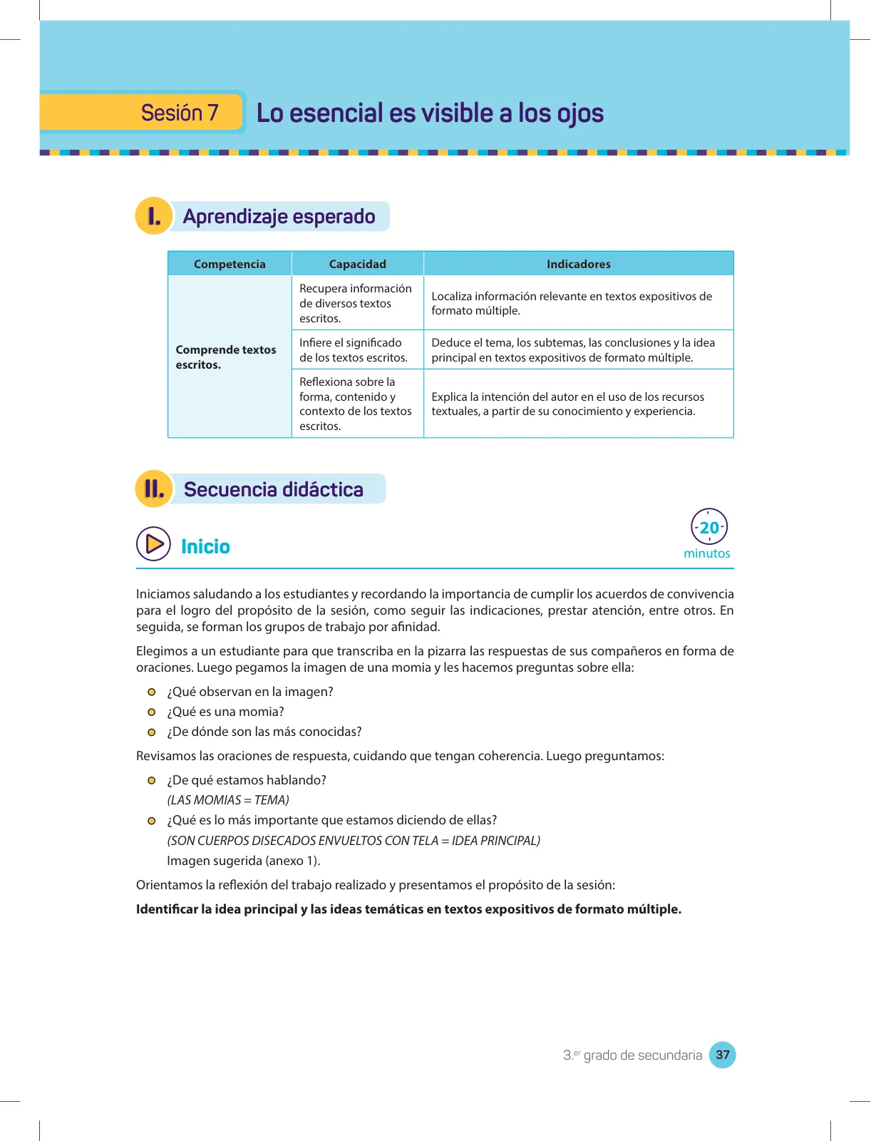Miniatura página 39 de Comprensión lectora 3 : manual para el docente de tercer grado de Secundaria · 2017