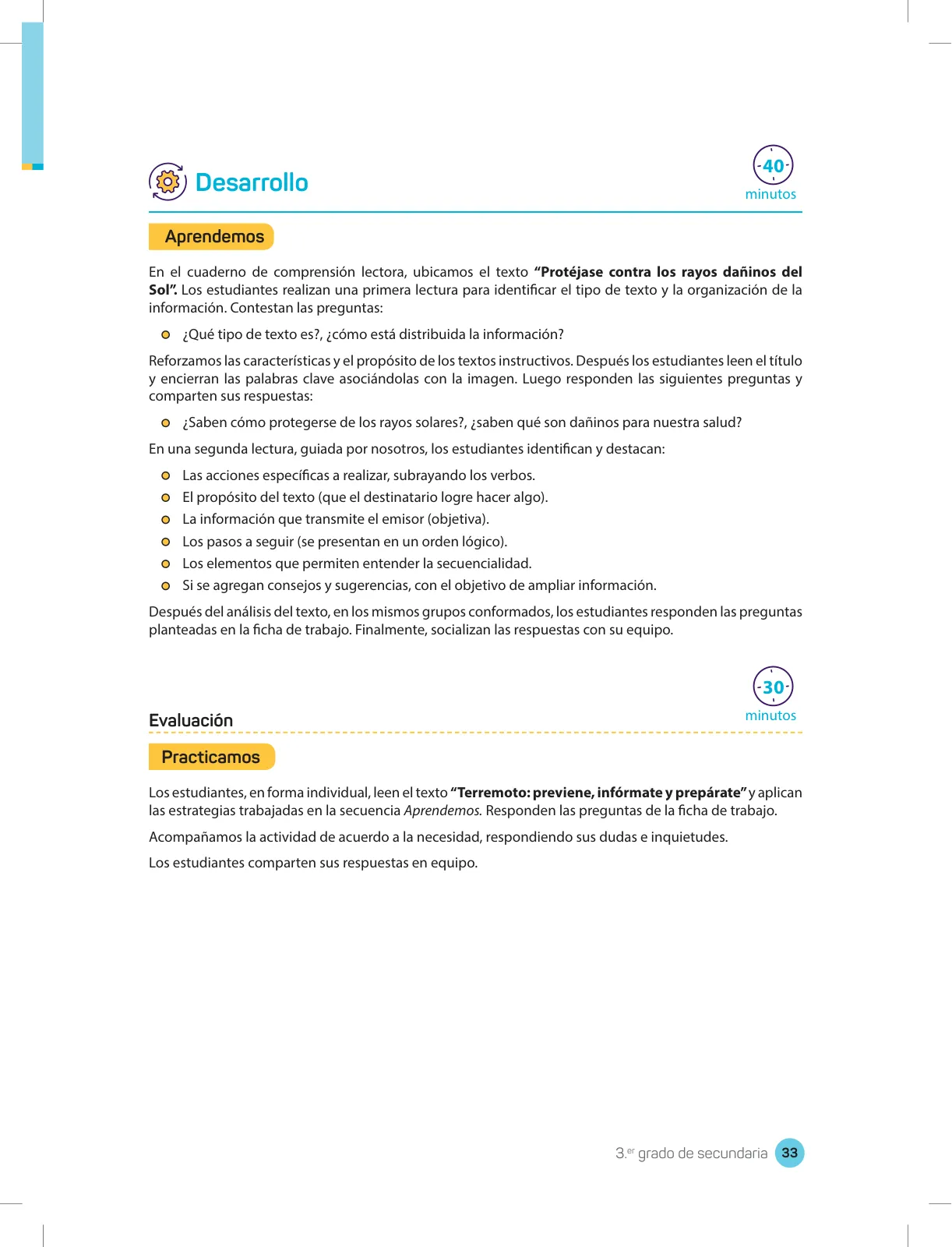 Página 35 de Comprensión lectora 3 : manual para el docente de tercer grado de Secundaria · 2017
