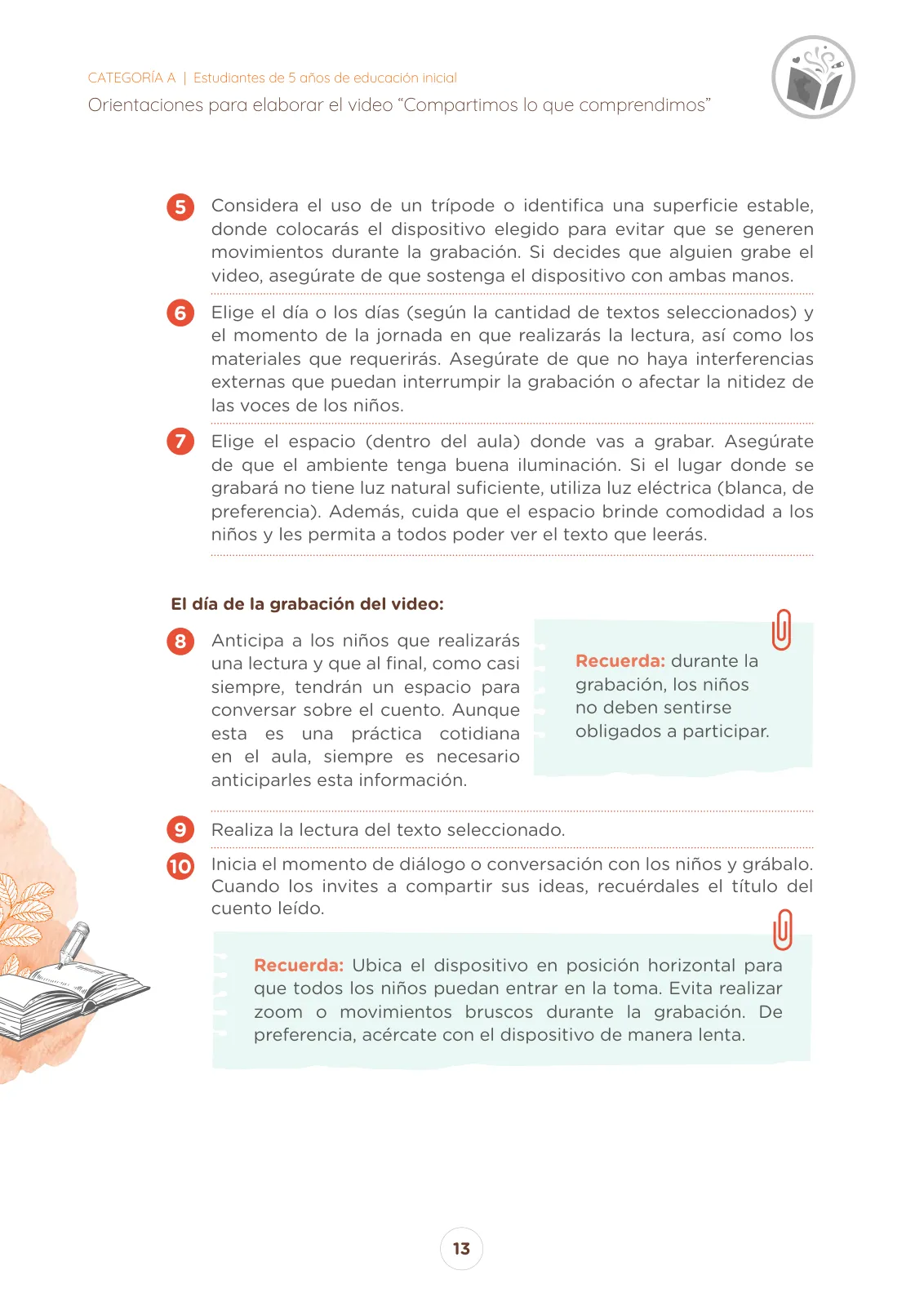 Página 13 de Orientaciones para elaborar el video “Compartimos lo que comprendimos” Concurso Nacional de Comprensión Lectora “El Perú Lee” : categoría A, estudiantes de 5 años de educación inicial · 2025