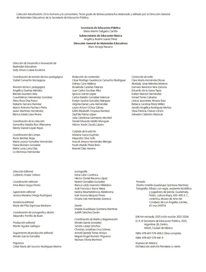 Página 3 de Colección Nanahuatzin. De lo humano y lo comunitario. Libro de Educación Telesecundaria Grado 3° Ciclo Escolar 2025 - 2026