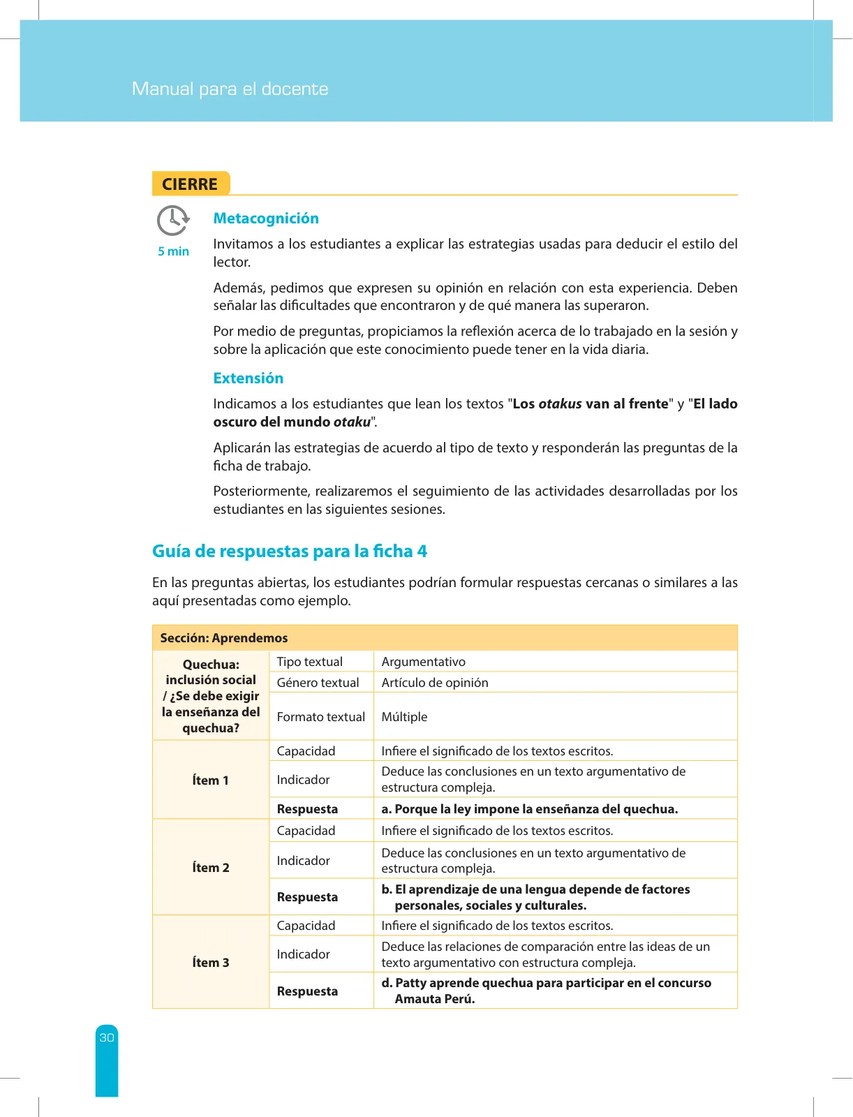 Página 32 de Comprensión lectora 2 : manual para el docente de segundo grado de Secundaria · 2017