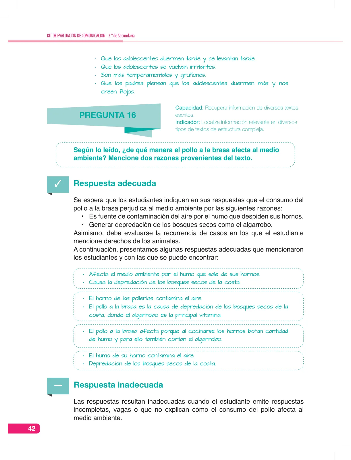 Página 42 de Comunicación, kit de evaluación Demostrando lo que aprendimos, 2do. secundaria : manual de uso para el docente · 2016