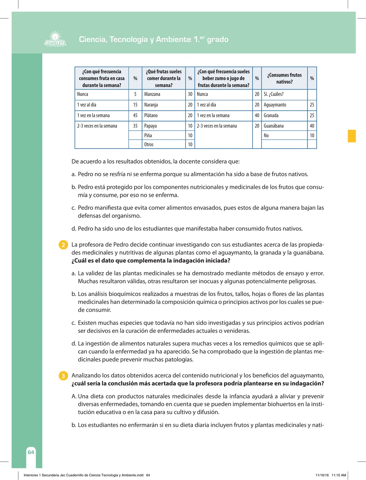 Página 64 de Ciencia, Tecnología y Ambiente 1. Cuaderno de reforzamiento pedagógico - JEC · 2016