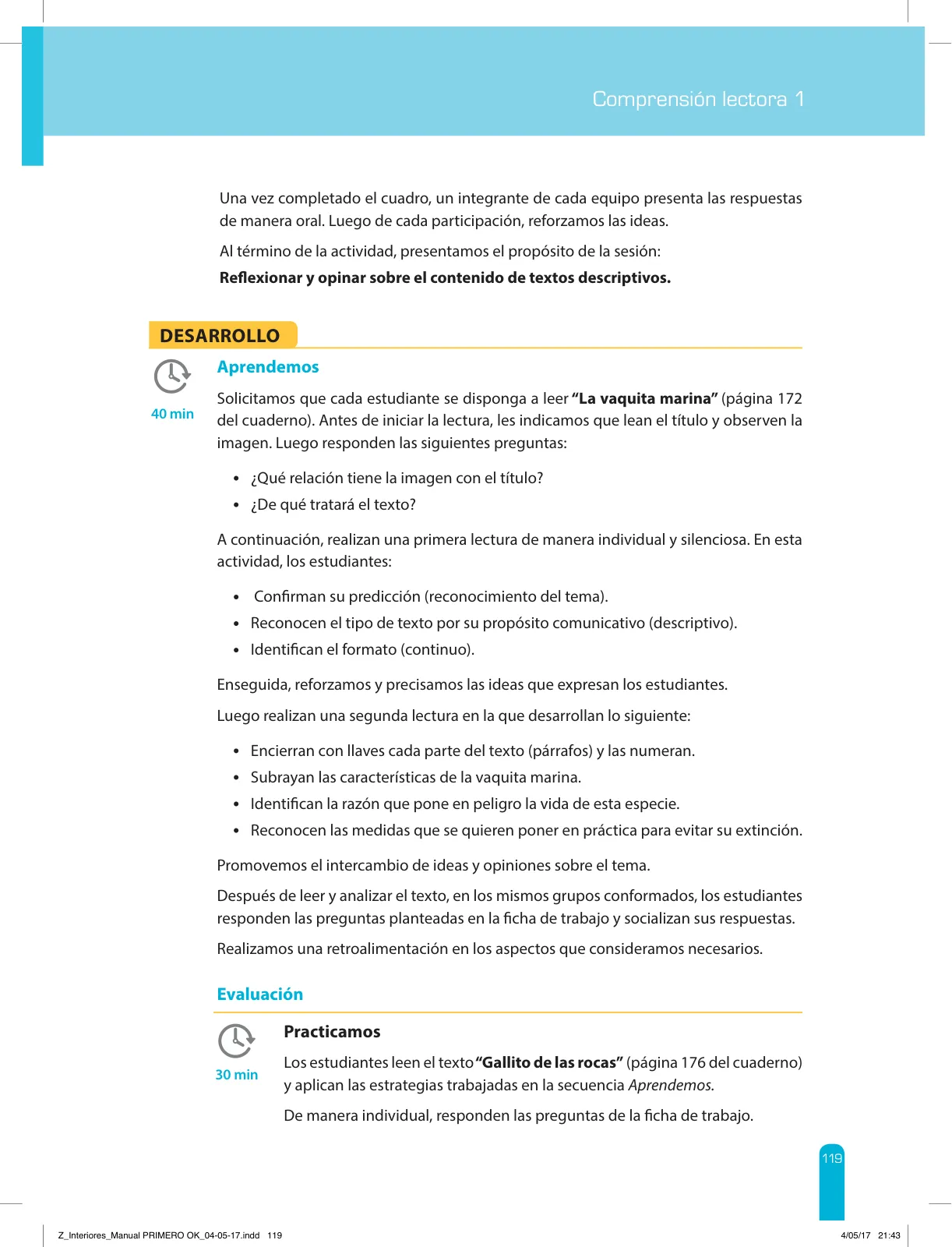 Miniatura página 121 de Comprensión lectora 1 : manual para el docente de primer grado de Secundaria · 2017