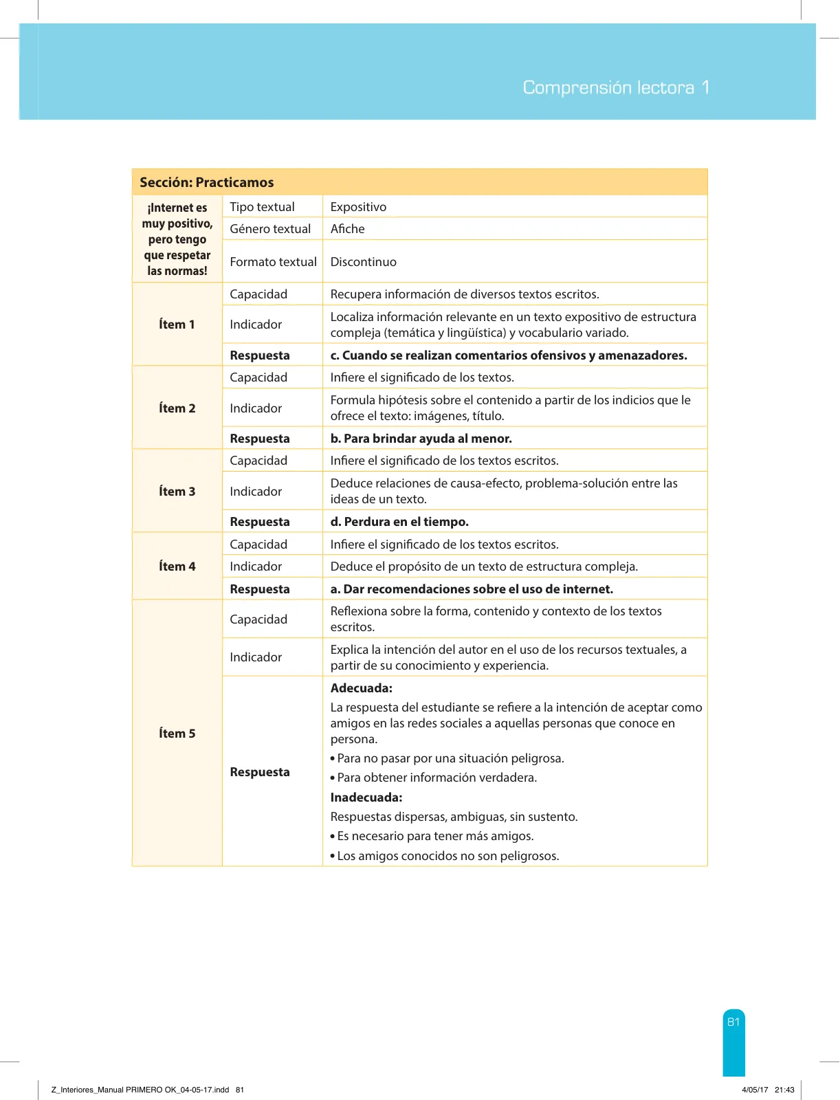 Página 83 de Comprensión lectora 1 : manual para el docente de primer grado de Secundaria · 2017