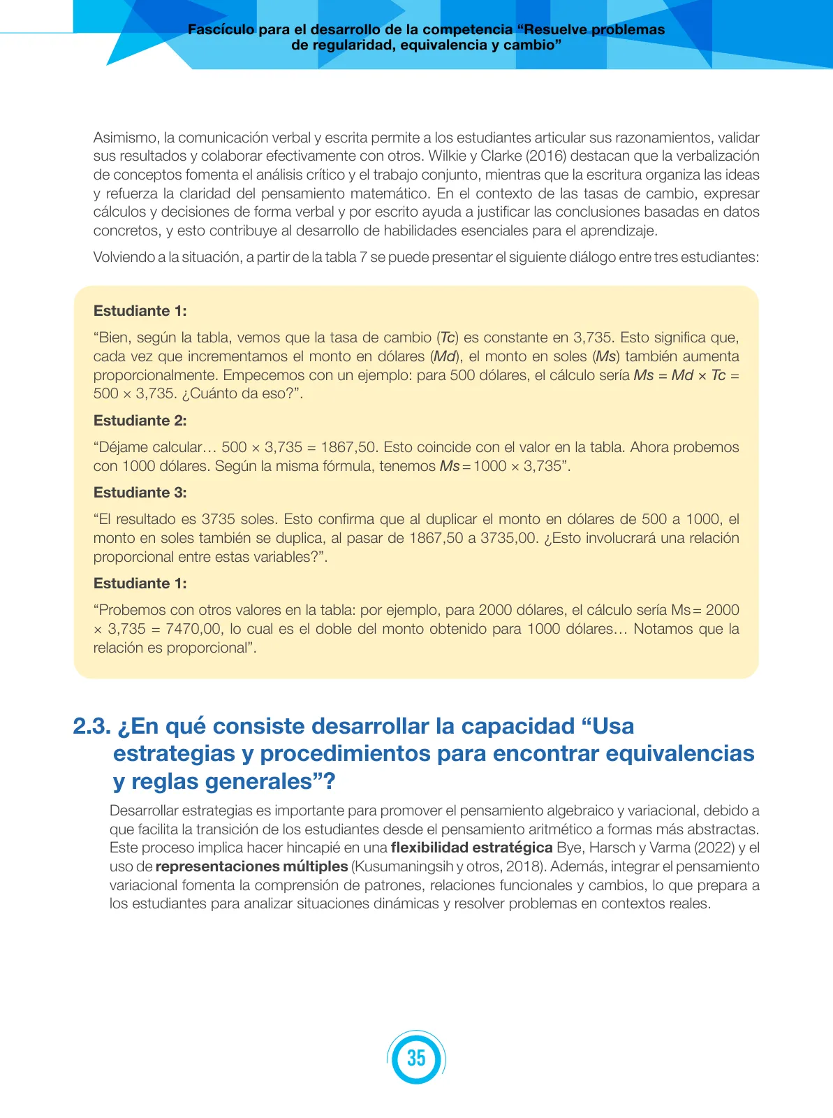 Miniatura página 35 de Fascículo para el desarrollo de la competencia Resuelve problemas de regularidad, equivalencia y cambio · 2024