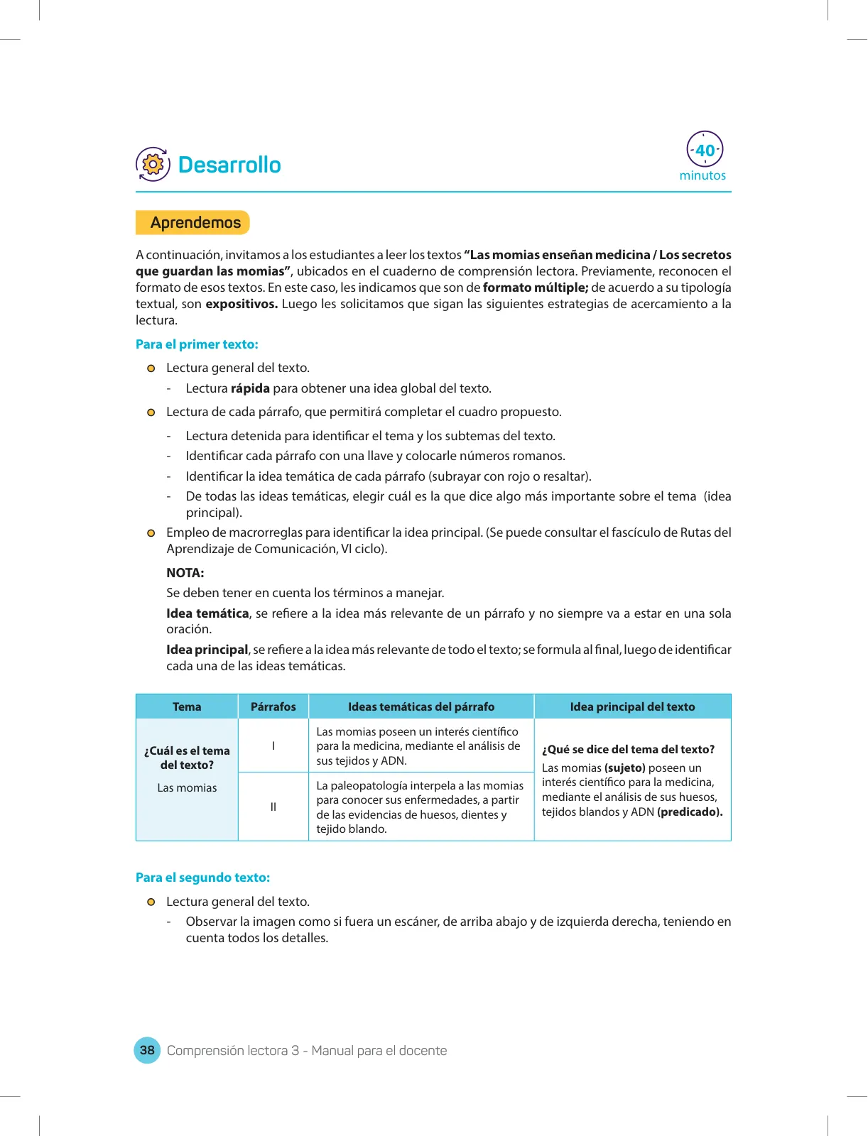 Página 40 de Comprensión lectora 3 : manual para el docente de tercer grado de Secundaria · 2017