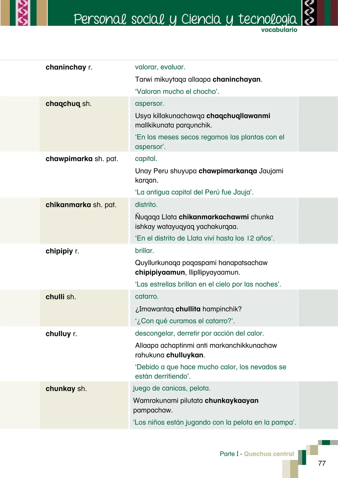 Página 79 de Yachachinapaq shimikuna - chawpin qichwa = Vocabulario pedagógico quechua central · 2021