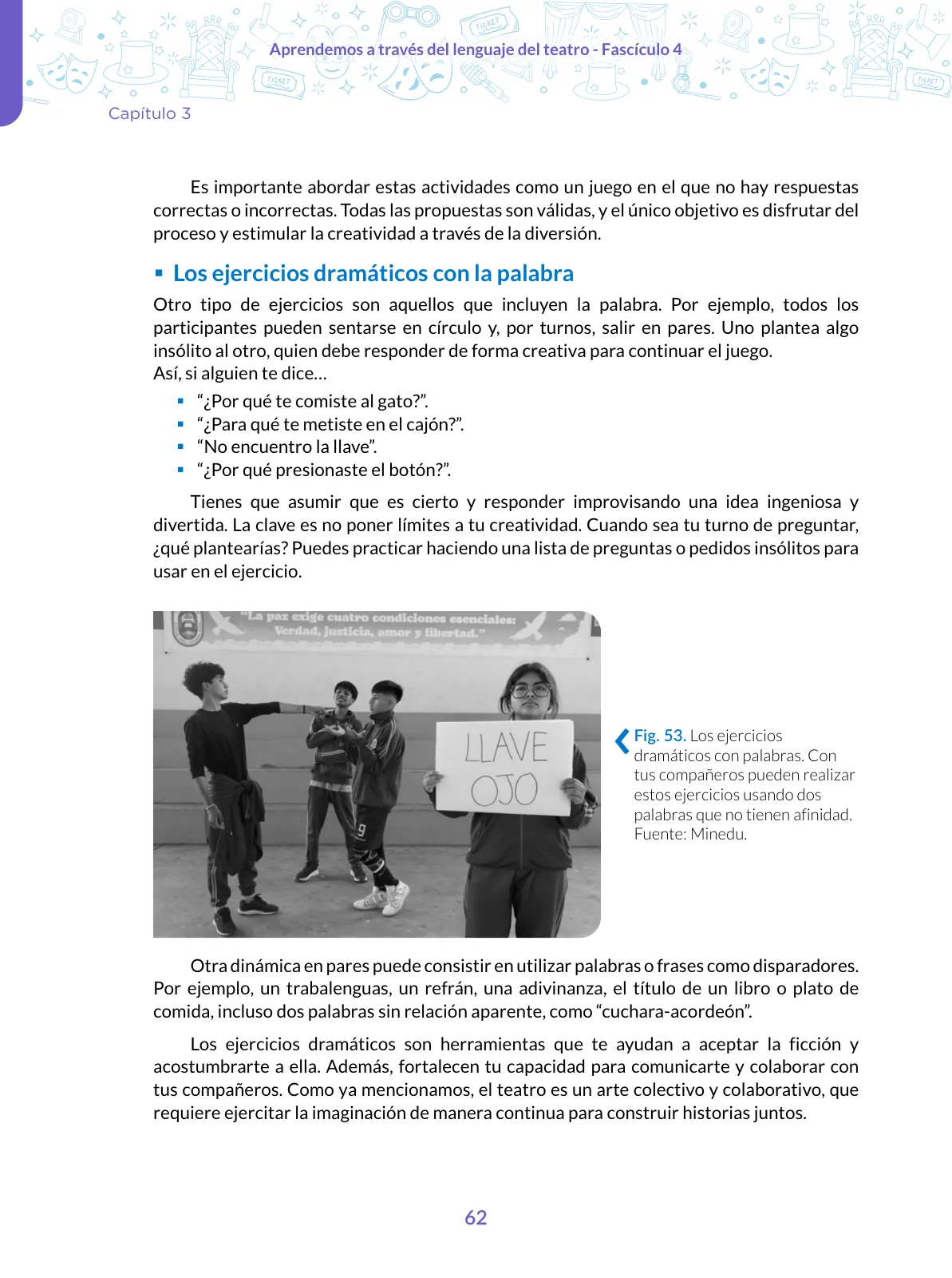 Página 62 de Aprendemos a través del lenguaje del teatro Fascículo 4 para estudiantes de Educación Secundaria · 2024