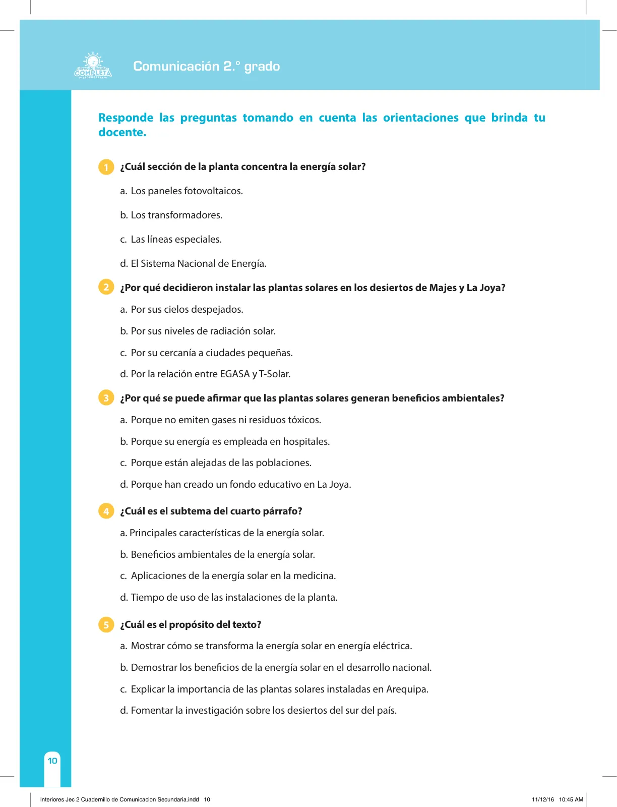 Página 10 de Comunicación Secundaria 2. Cuaderno de reforzamiento pedagógico - JEC · 2016