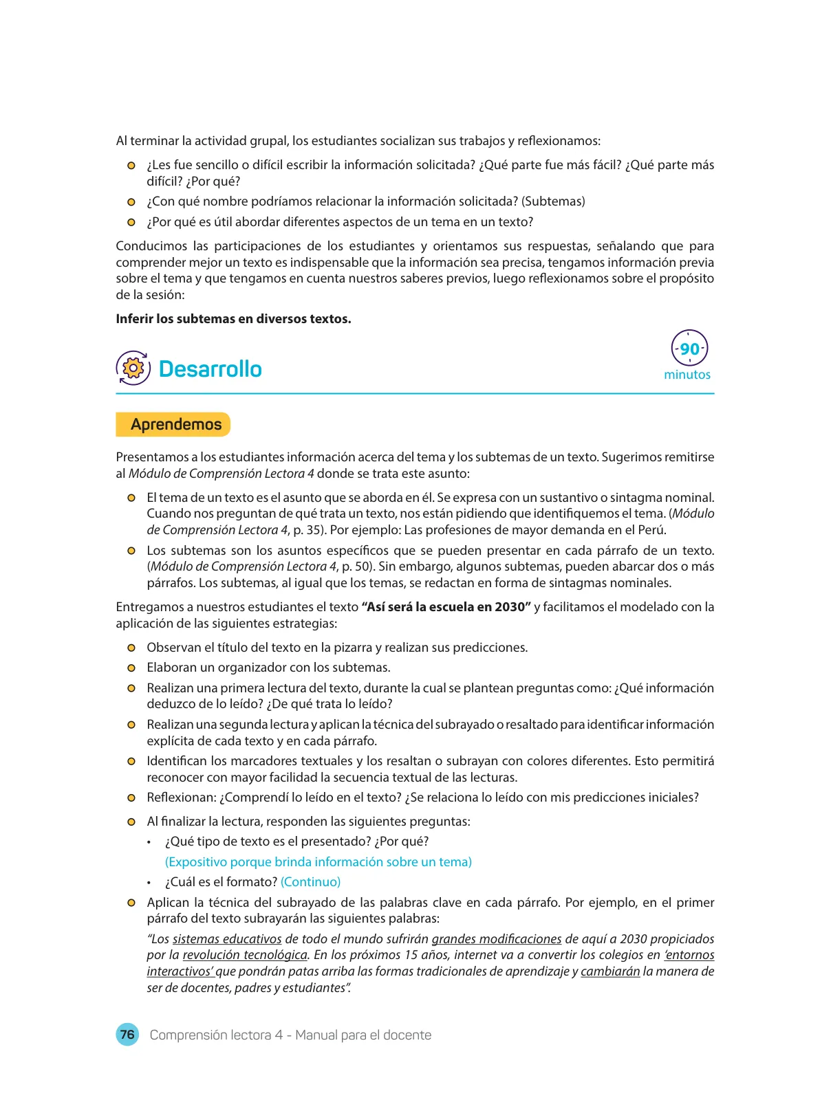 Miniatura página 78 de Comprensión lectora 4 : manual para el docente de cuarto grado de Secundaria · 2017