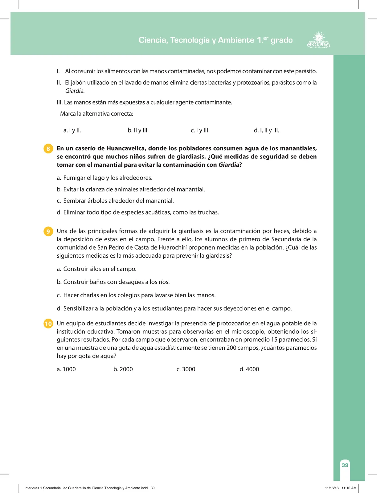 Página 39 de Ciencia, Tecnología y Ambiente 1. Cuaderno de reforzamiento pedagógico - JEC · 2016