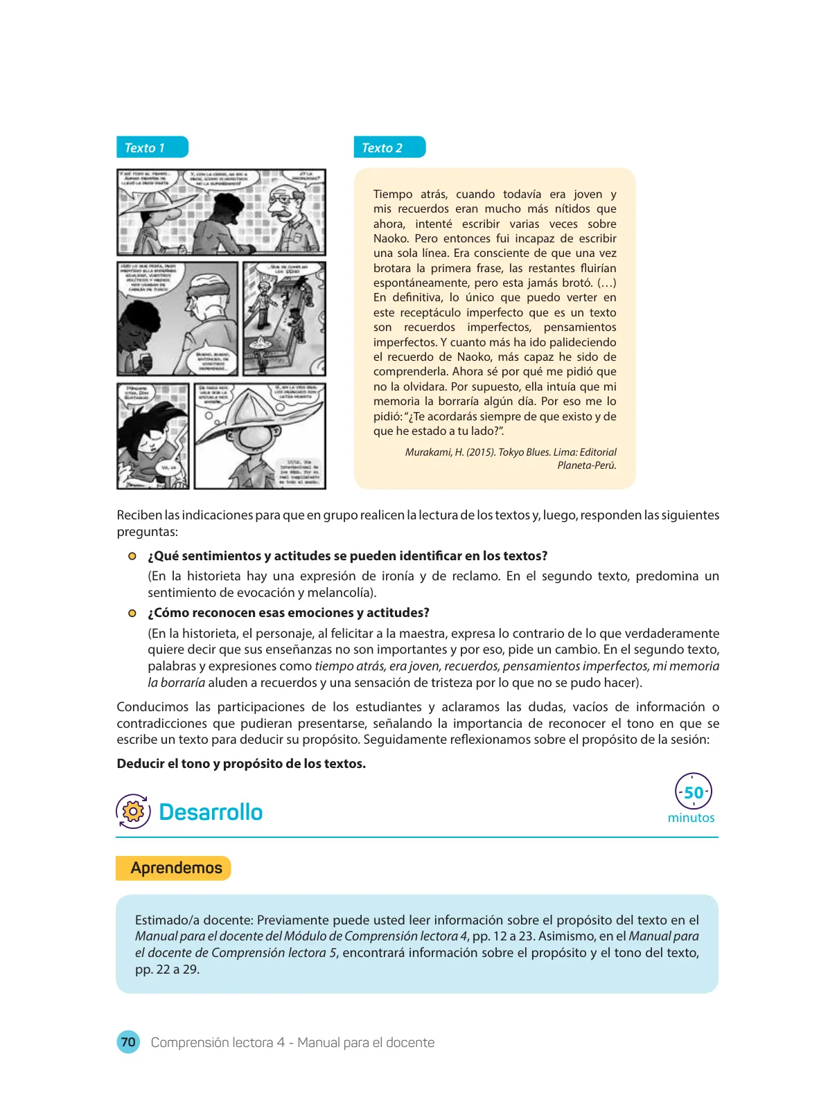 Miniatura página 72 de Comprensión lectora 4 : manual para el docente de cuarto grado de Secundaria · 2017