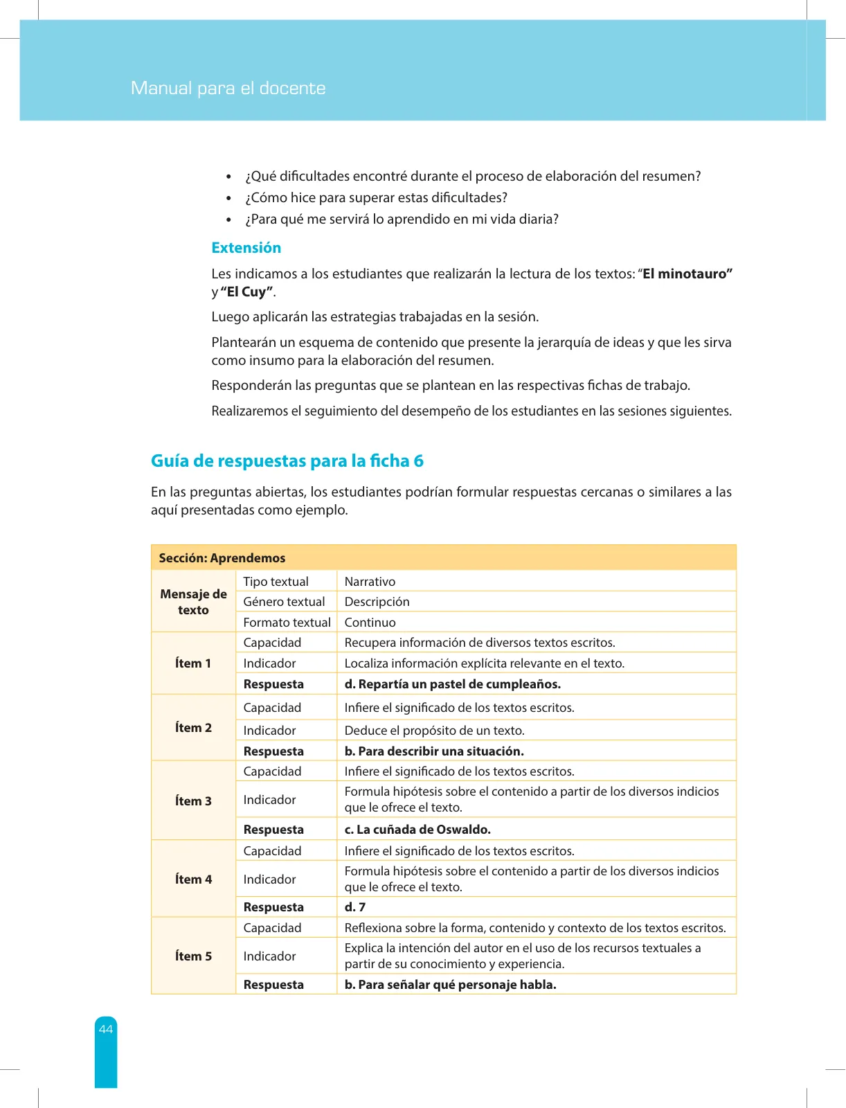 Página 46 de Comprensión lectora 2 : manual para el docente de segundo grado de Secundaria · 2017