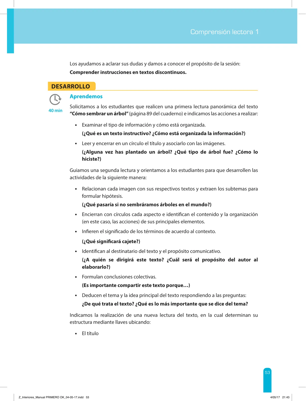 Página 55 de Comprensión lectora 1 : manual para el docente de primer grado de Secundaria · 2017