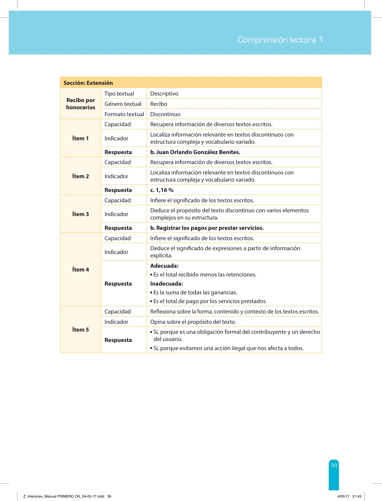 Página 41 de Comprensión lectora 1 : manual para el docente de primer grado de Secundaria · 2017