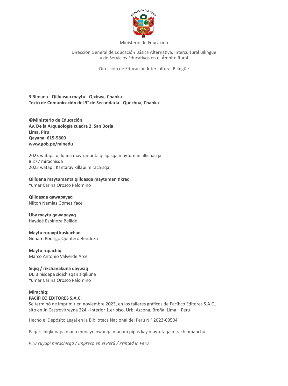 Página 4 de 3 Rimana - Qillqasqa maytu - Qichwa, Chanka. Texto de Comunicación del 3° de Secundaria - Quechua, Chanka · 2023