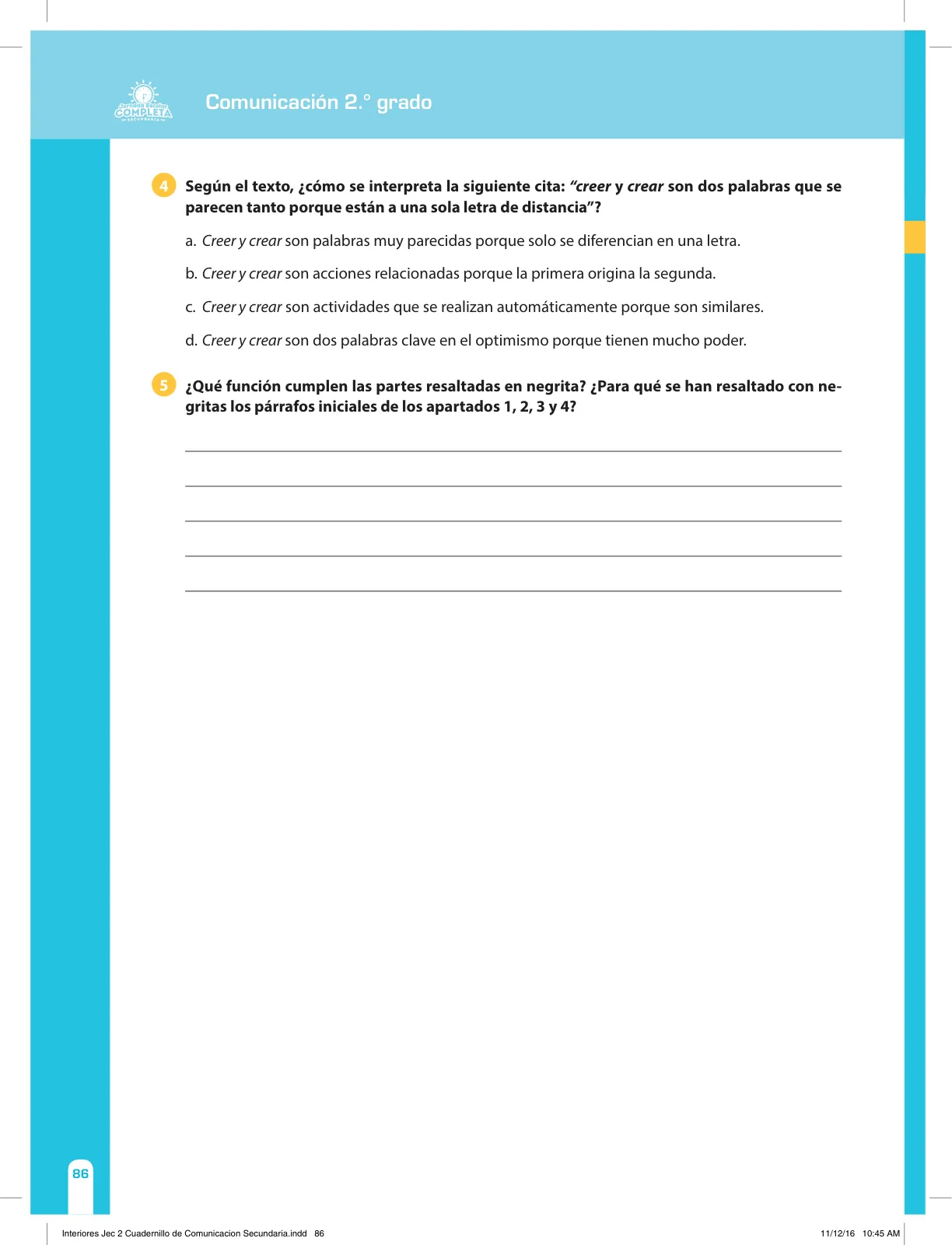 Miniatura página 86 de Comunicación Secundaria 2. Cuaderno de reforzamiento pedagógico - JEC · 2016