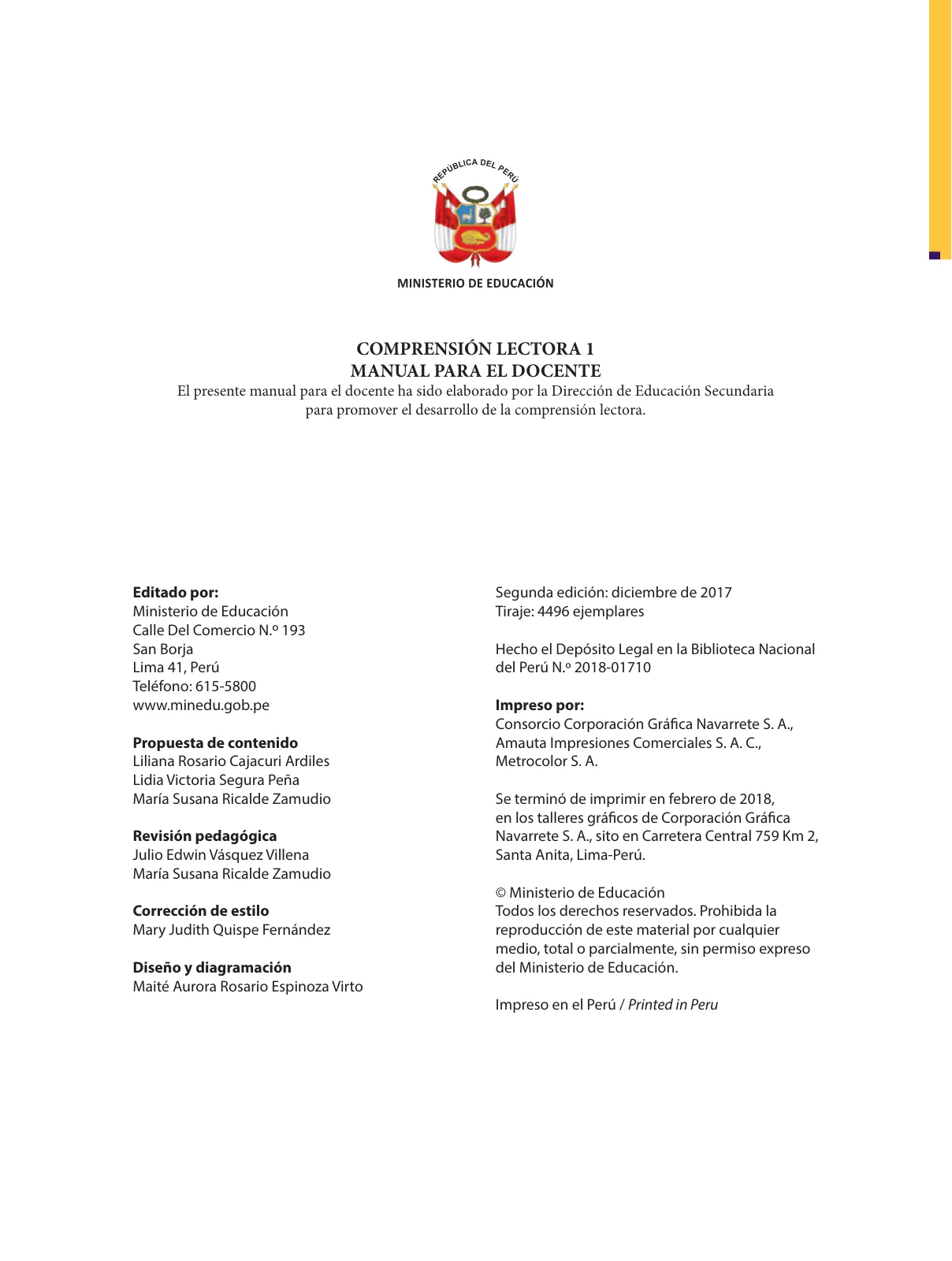 Página 4 de Comprensión lectora : manual para el docente de primer grado de Secundaria 2018 · 2018