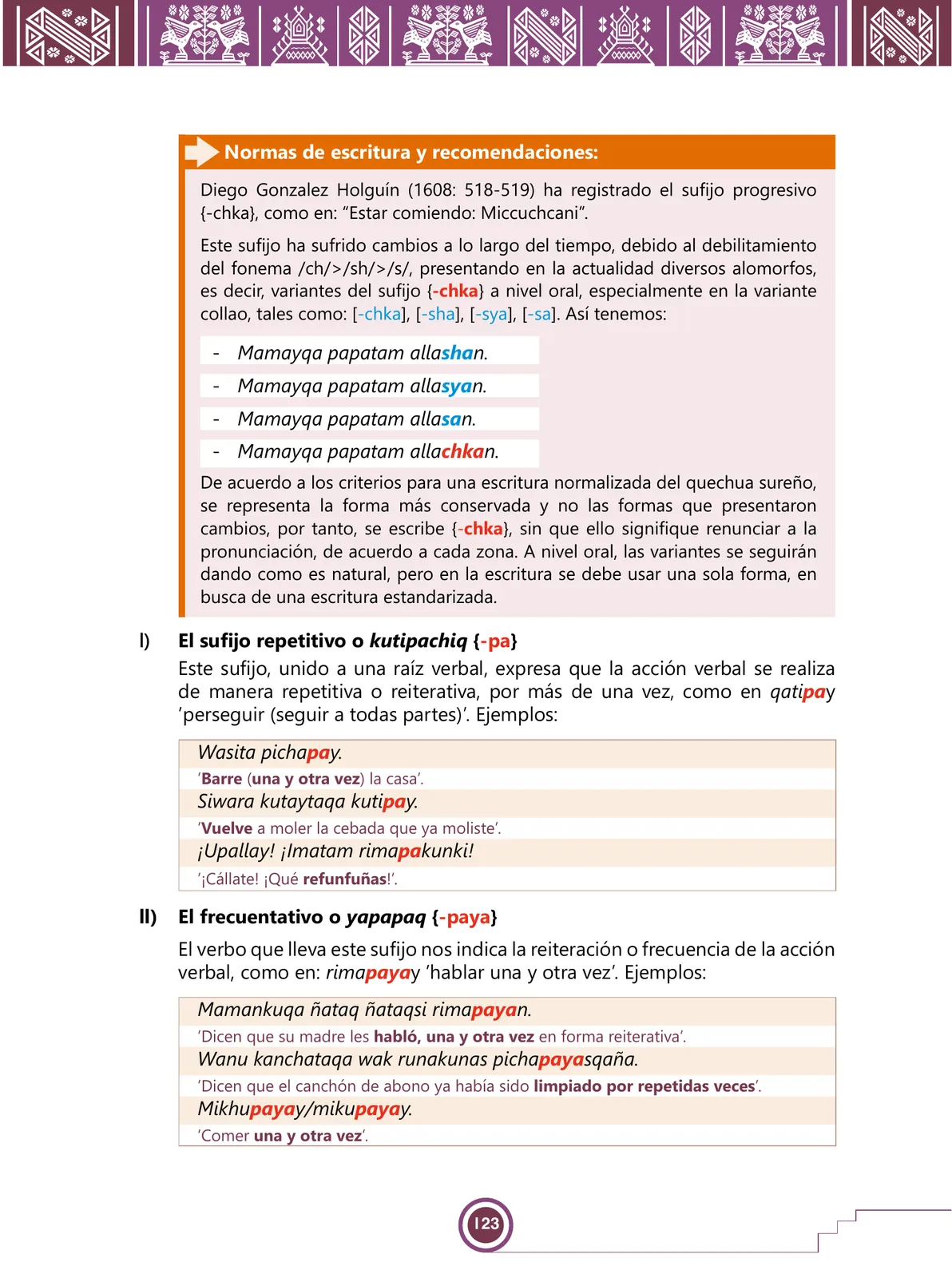 Miniatura página 125 de Urin Qichwa Qillqay Yachana Mayt'u = Manual de escritura quechua sureño · 2021