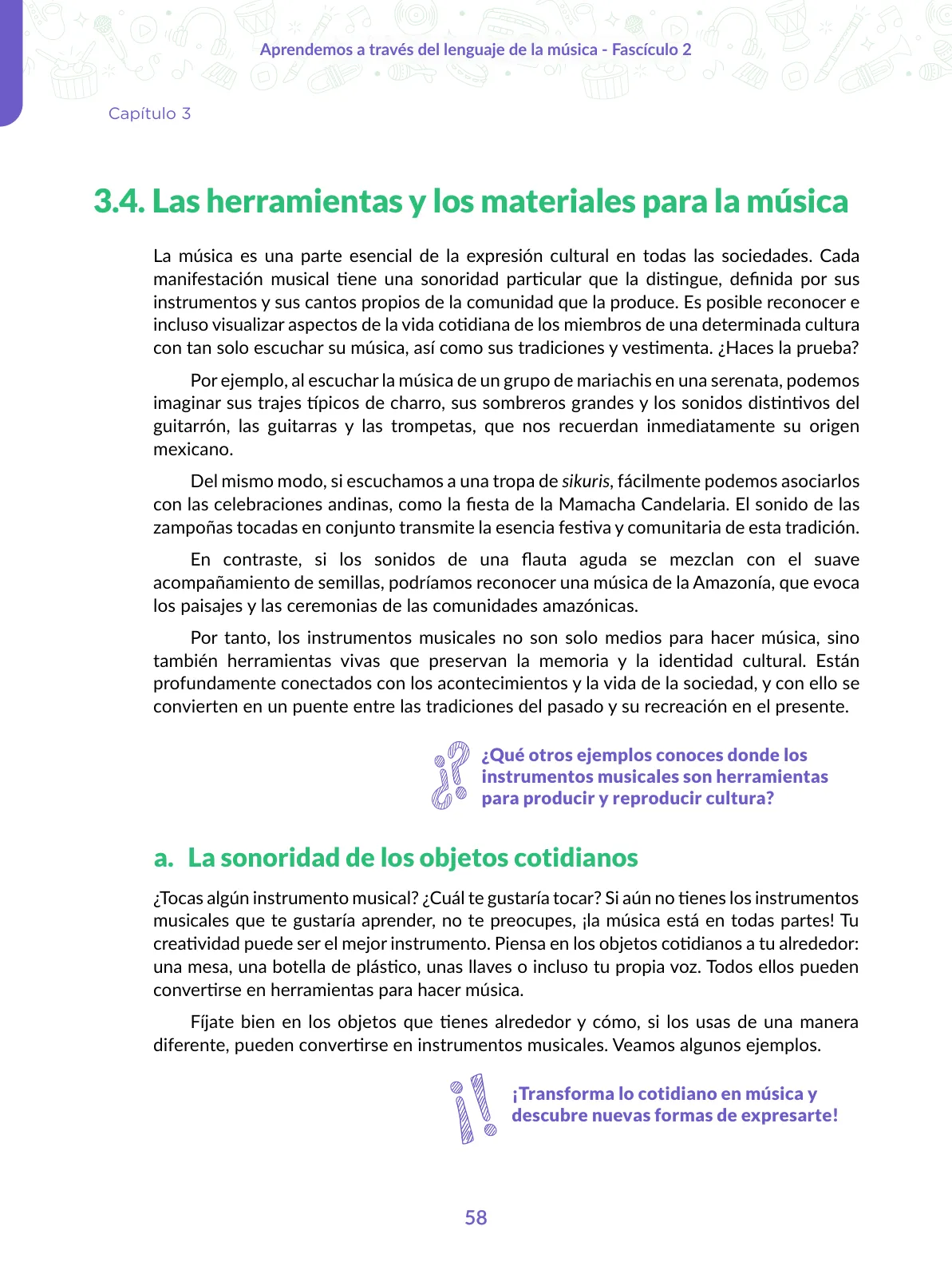 Página 58 de Aprendemos a través del lenguaje de la música Fascículo 2 para estudiantes de Educación Secundaria · 2024