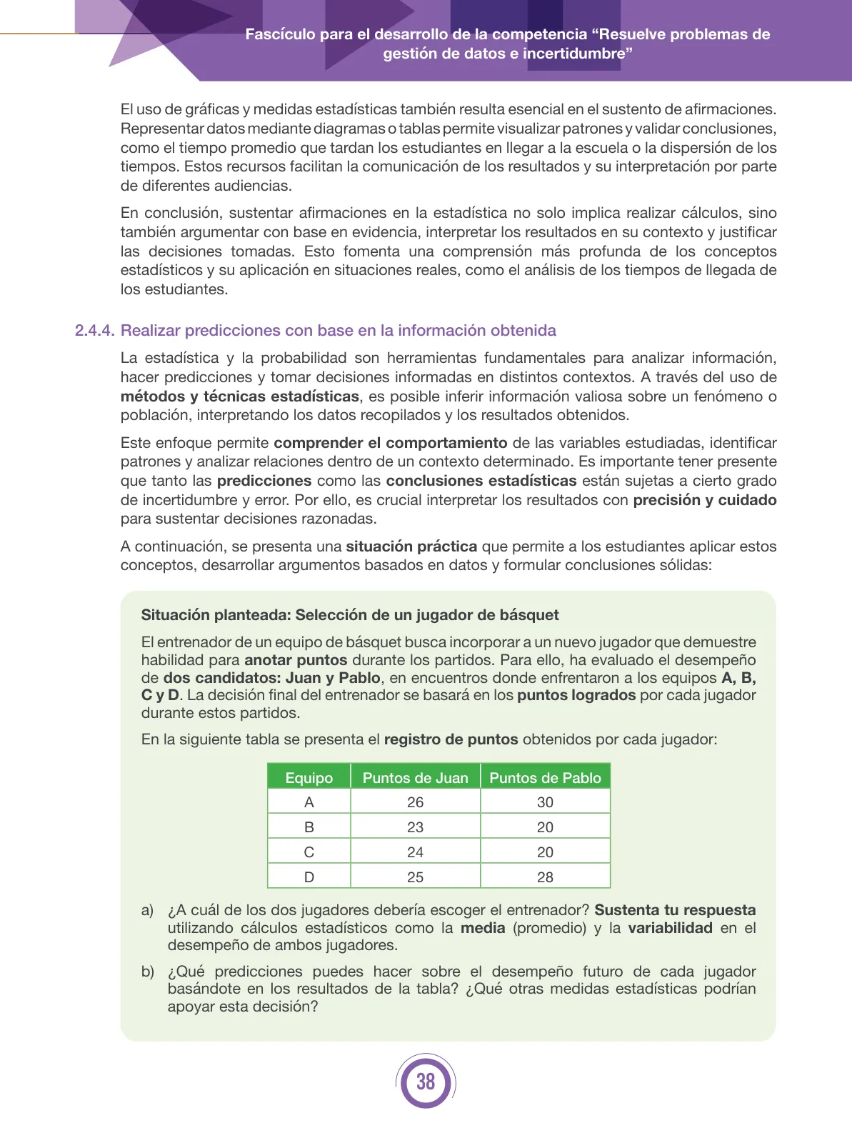 Página 38 de Fascículo para el desarrollo de la competencia “Resuelve problemas de gestión de datos e incertidumbre” · 2024