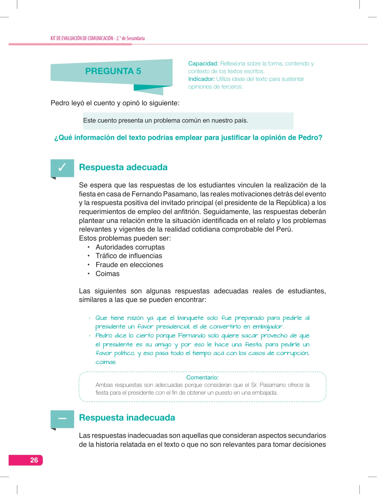 Página 26 de Comunicación, kit de evaluación Demostrando lo que aprendimos, 2do. secundaria : manual de uso para el docente · 2016
