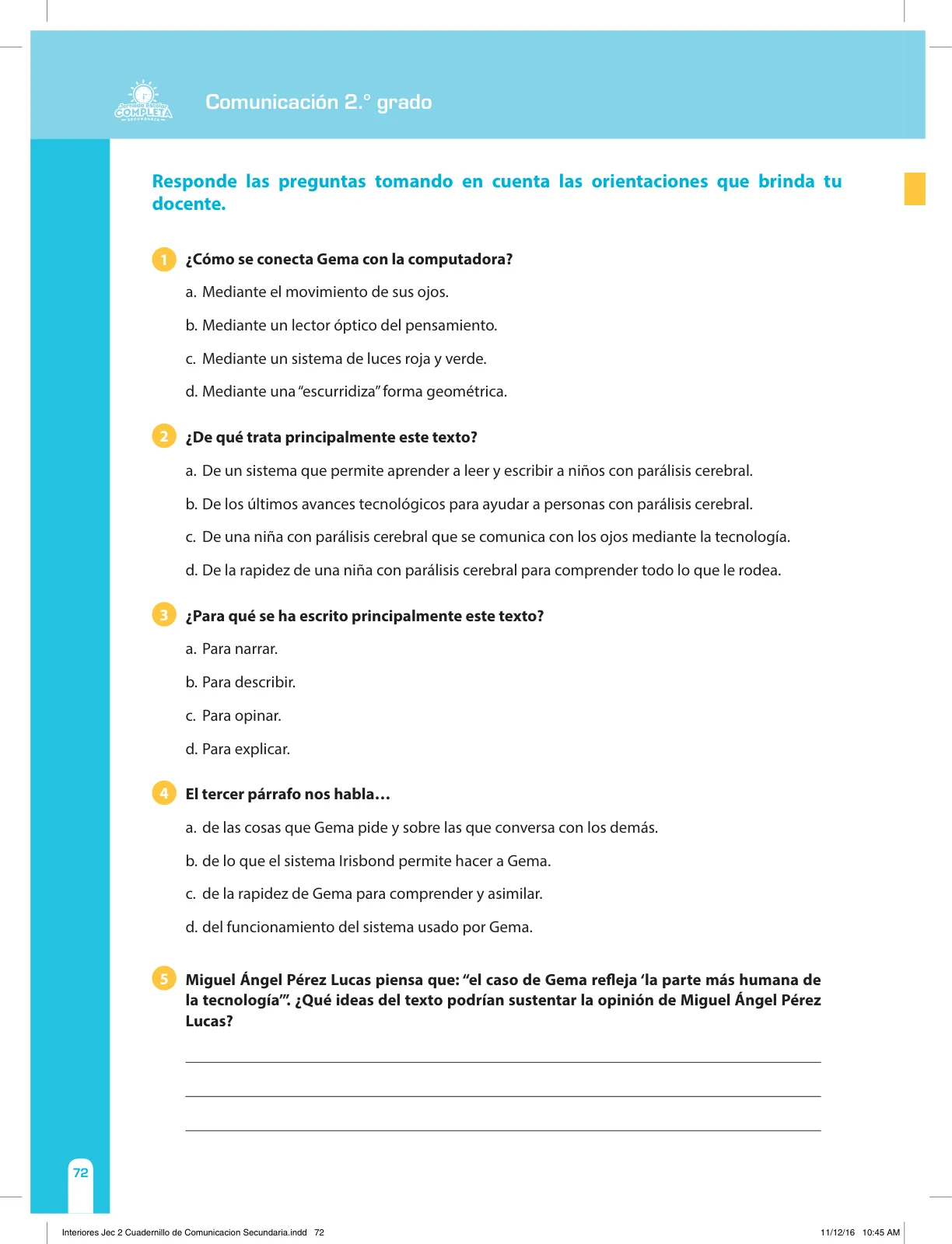 Miniatura página 72 de Comunicación Secundaria 2. Cuaderno de reforzamiento pedagógico - JEC · 2016