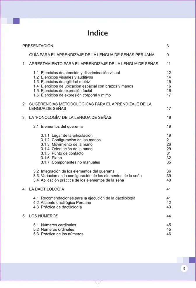 Página 5 de Lengua de señas peruana : guía para el aprendizaje de la lengua de señas peruana, vocabulario básico · 2015