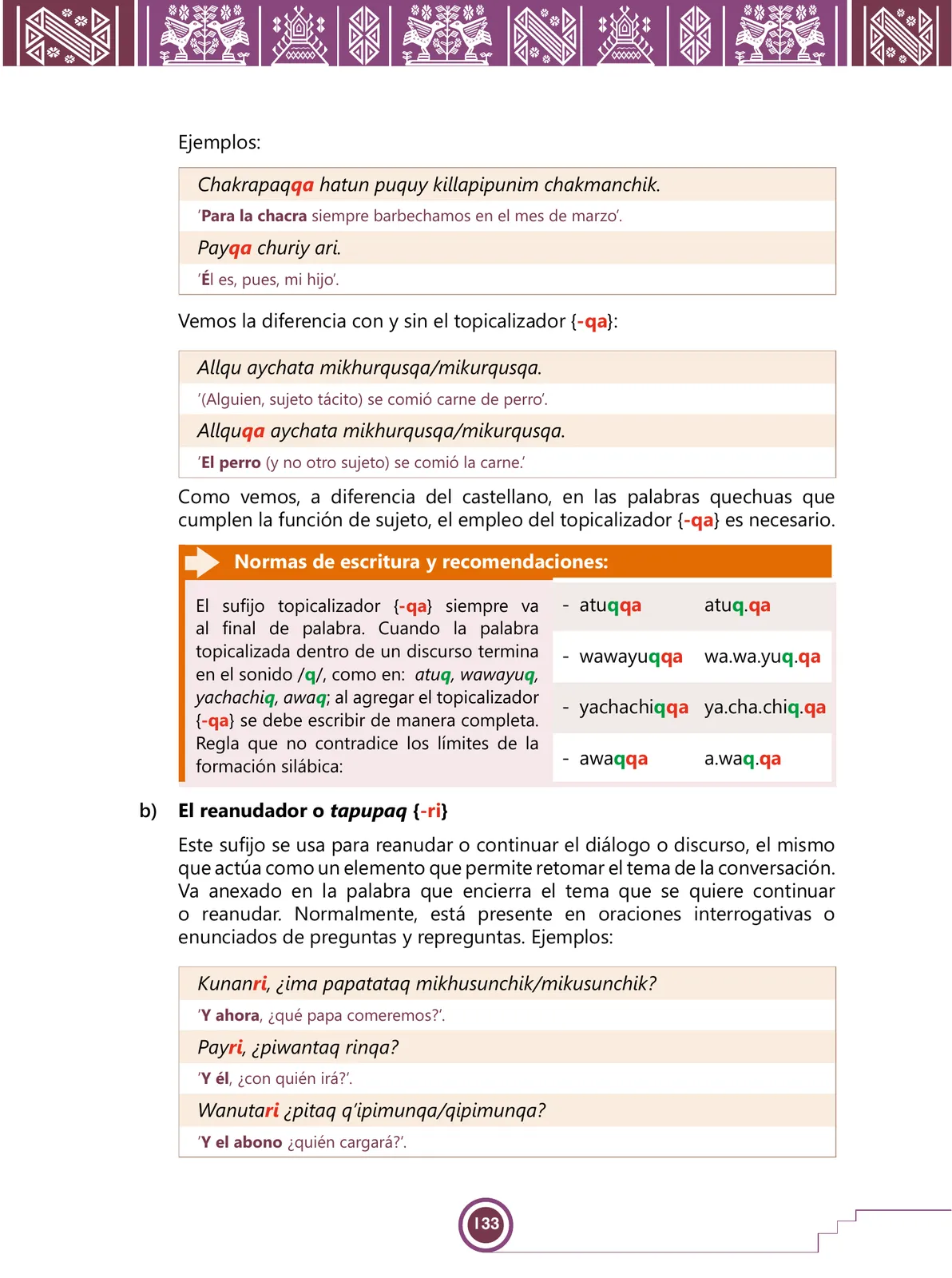 Página 135 de Urin Qichwa Qillqay Yachana Mayt'u = Manual de escritura quechua sureño · 2021