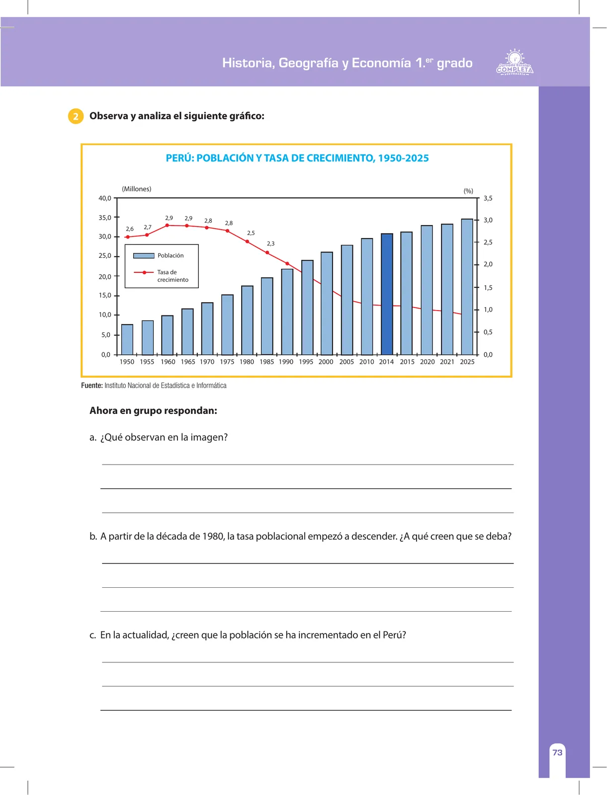 Miniatura página 73 de Historia, Geografía y Economía 1 : cuaderno de reforzamiento pedagógico - JEC · 2016