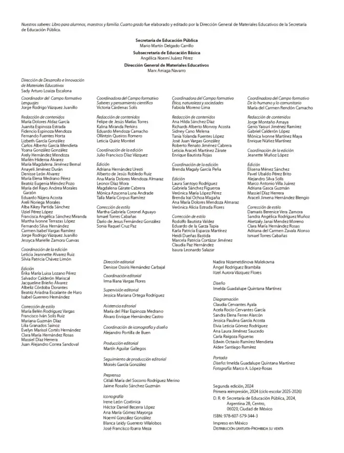 Página 3 de Nuestros saberes: Libro para alumnos, maestros y familia. Libro de Educación Primaria Grado 4° Ciclo Escolar 2025 - 2026