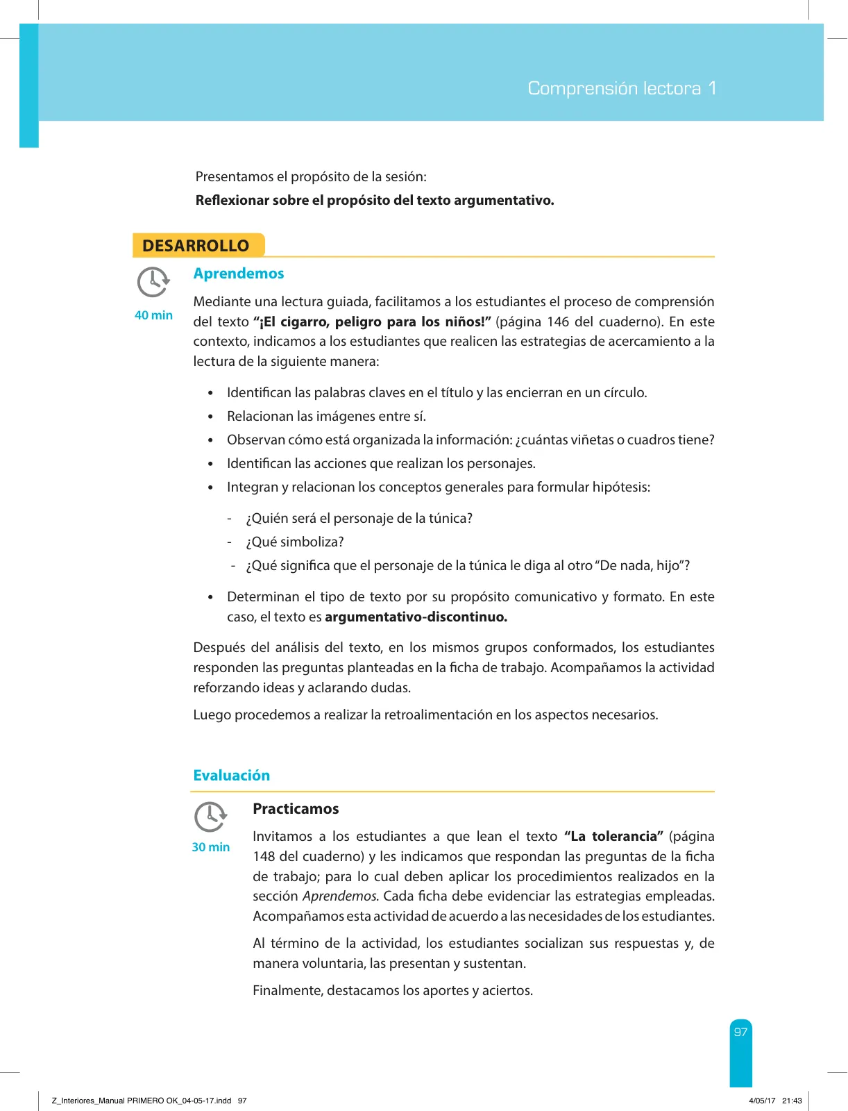 Miniatura página 99 de Comprensión lectora 1 : manual para el docente de primer grado de Secundaria · 2017